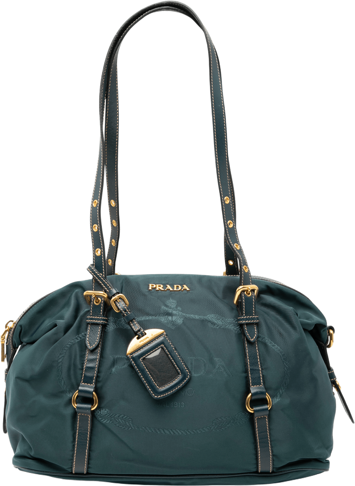 Prada Saffiano Trimmed Tessuto Logo Satchel, från Luxclusif, i färgen peacock.