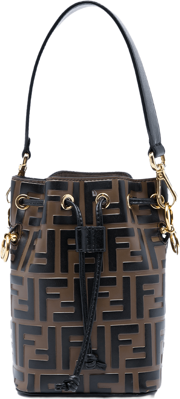 Fendi Mini Ff 1974 Embossed Leather Mon Tresor Bucket Bag, från Luxclusif, i färgen brun.