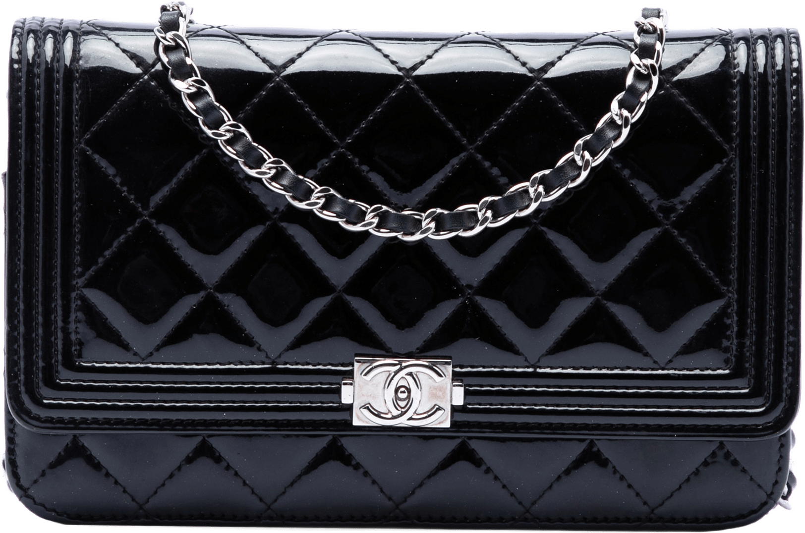 Chanel Quilted Patent Boy Wallet On Chain, från Luxclusif, i färgen black.