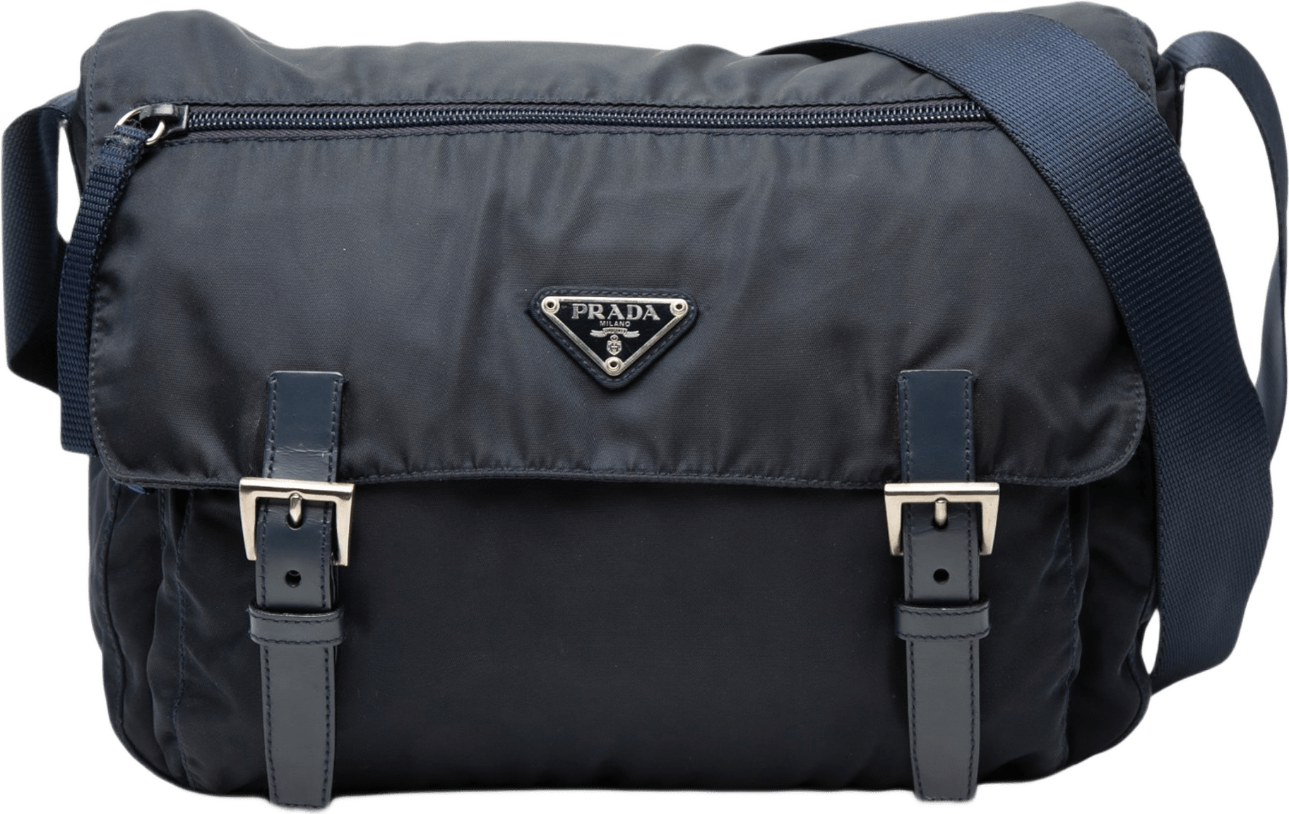 Prada Tessuto Zip Double Buckle Messenger Bag, från Luxclusif, i färgen navy.