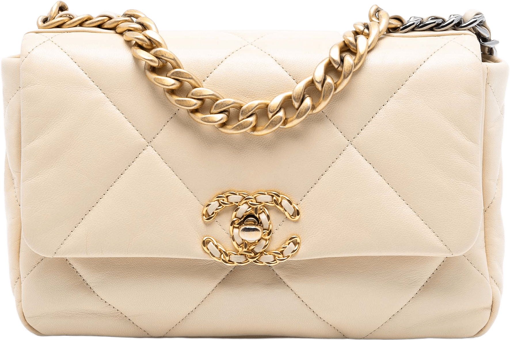 Chanel Medium Lambskin 19 Flap, från Luxclusif, i färgen beige.