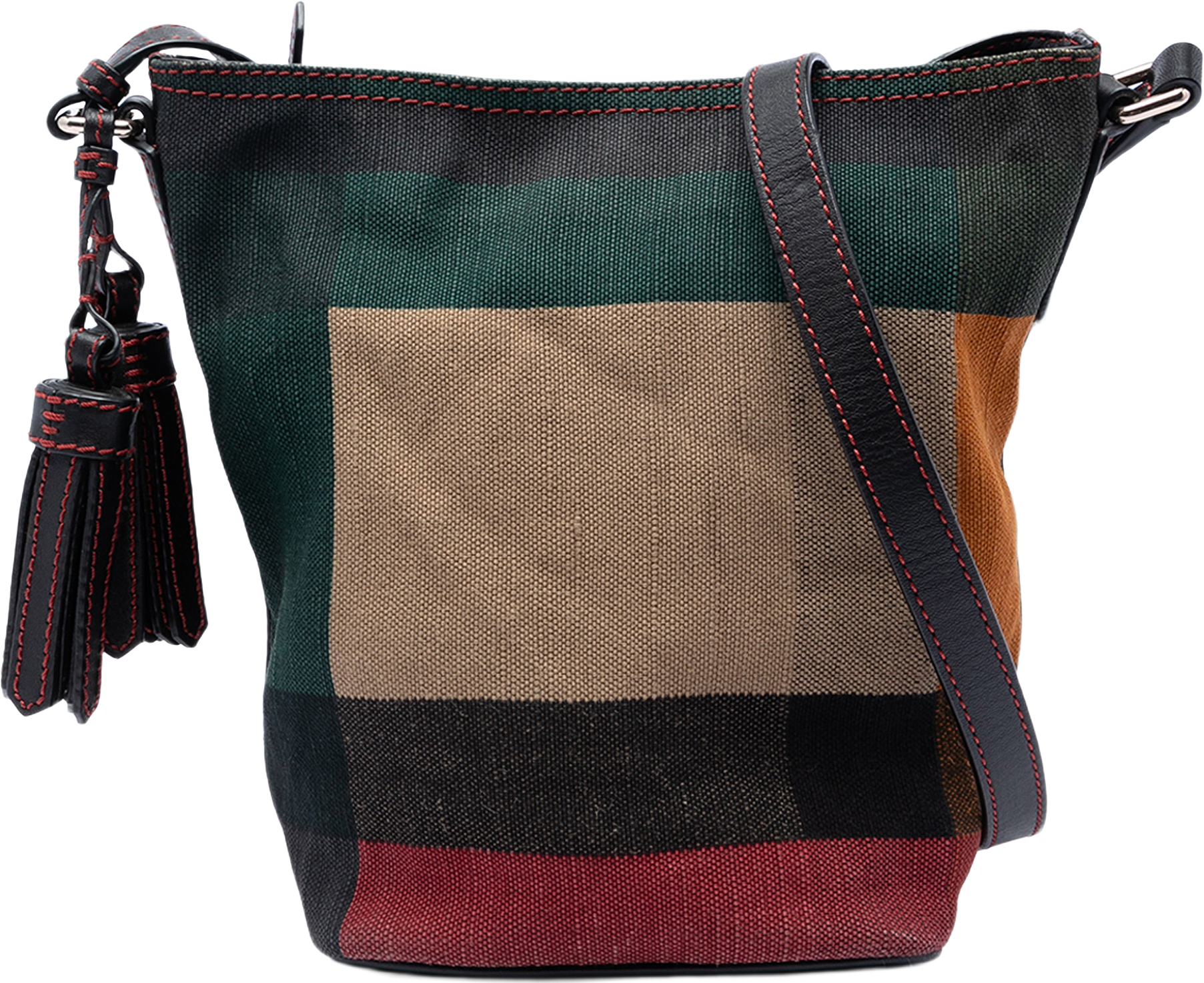 Burberry Mini Mega Check Canvas Ashby Tassel Bucket Bag, från Luxclusif, i färgen brun.