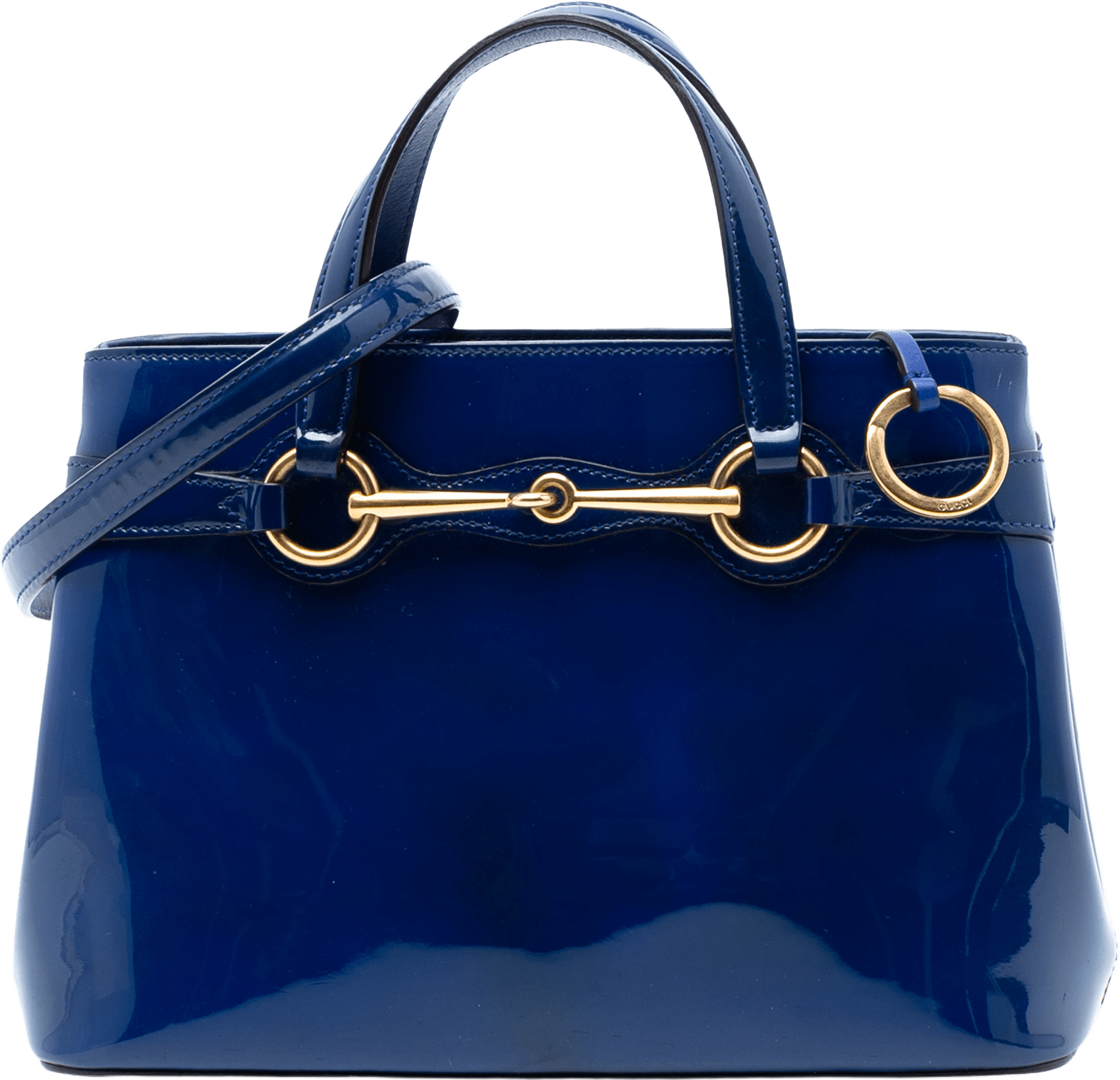 Gucci Patent Bright Bit Satchel, från Luxclusif, i färgen blue.