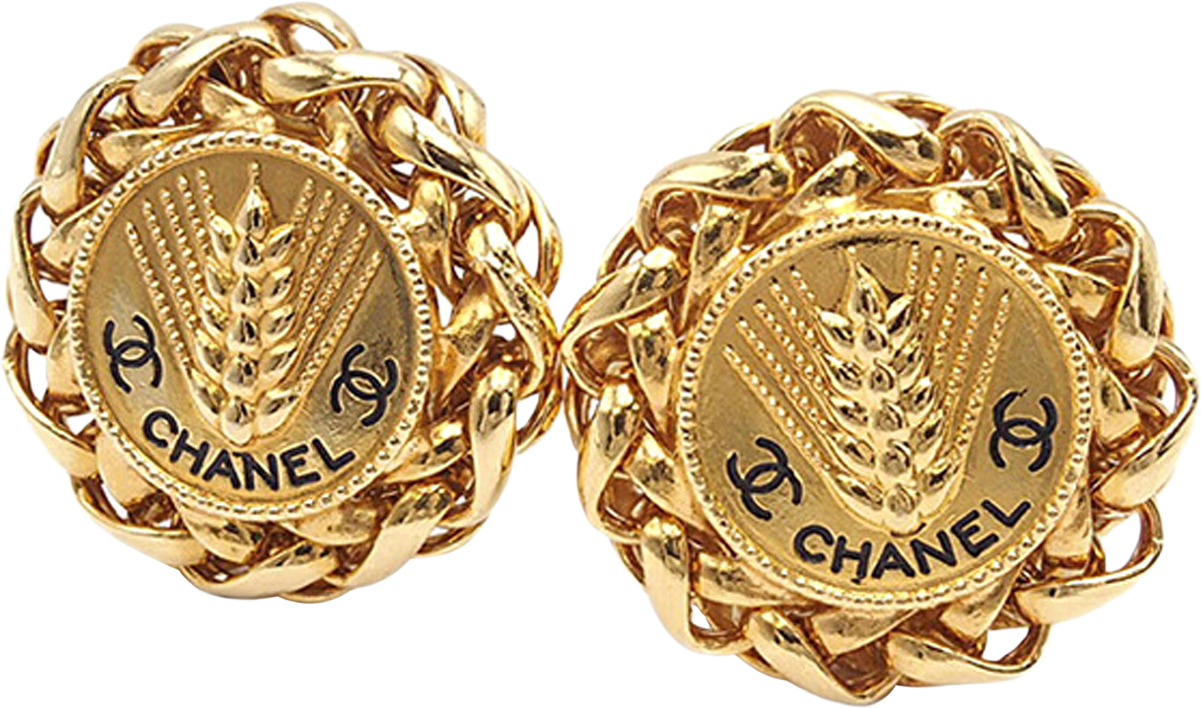 Chanel Gold Plated Cc Wheat Medallion Clip On Earrings