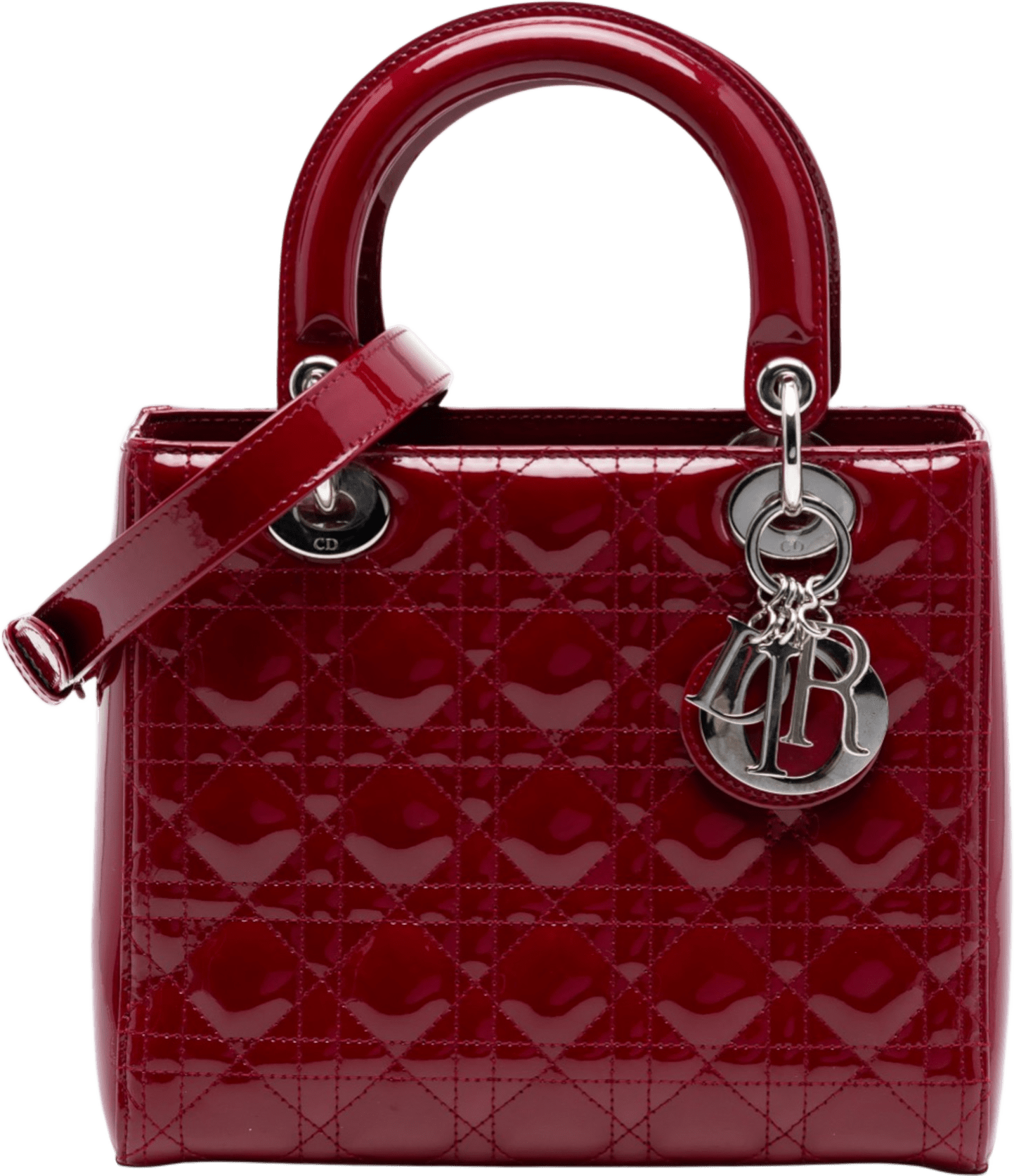 Dior Medium Patent Cannage Lady Dior, från Luxclusif, i färgen dark red.