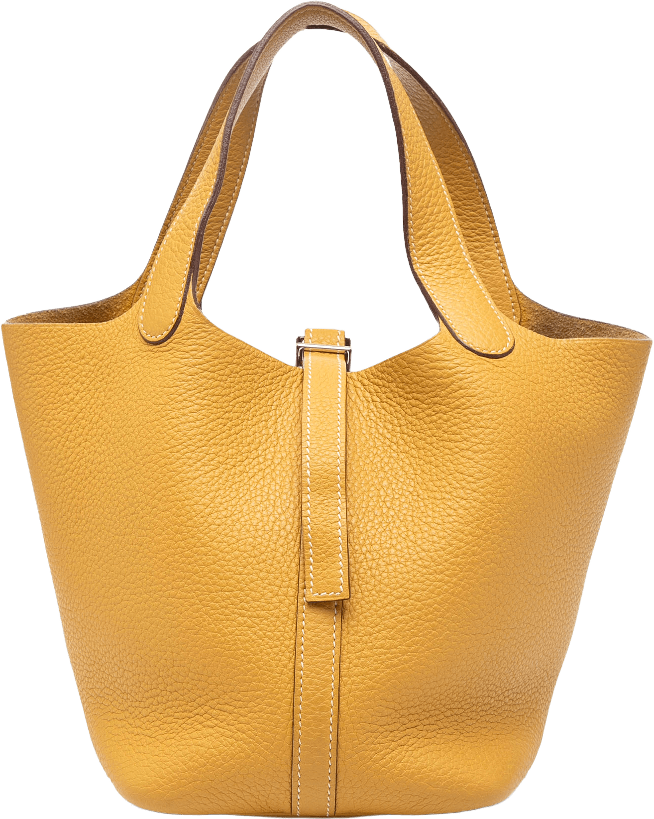 Hermès Clemence Picotin 18, från Luxclusif, i färgen mustard.