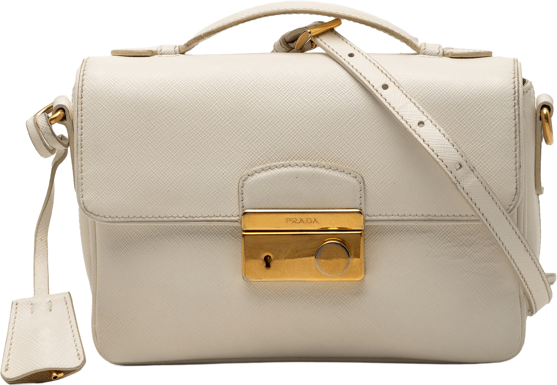 Prada Saffiano Sound Lock Satchel, från Luxclusif, i färgen ivory.