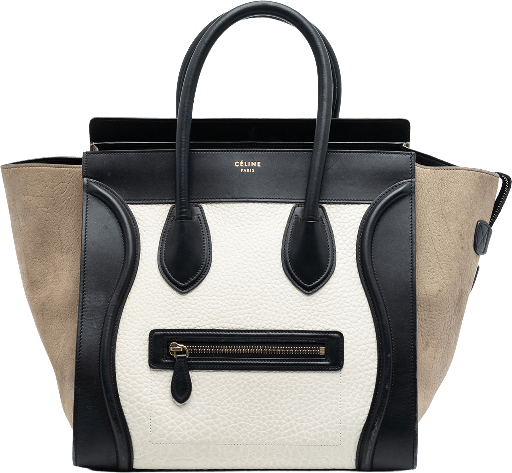 Celine Mini Tricolor Leather Luggage Tote, från Luxclusif, i färgen white.