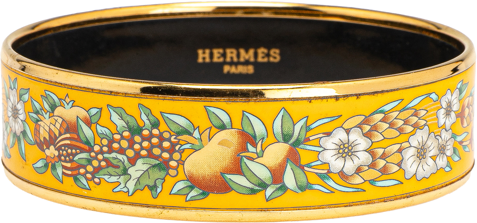 Hermès Wide Enamel Wheat And Fruits Bangle Gm, från Luxclusif, i färgen yellow.
