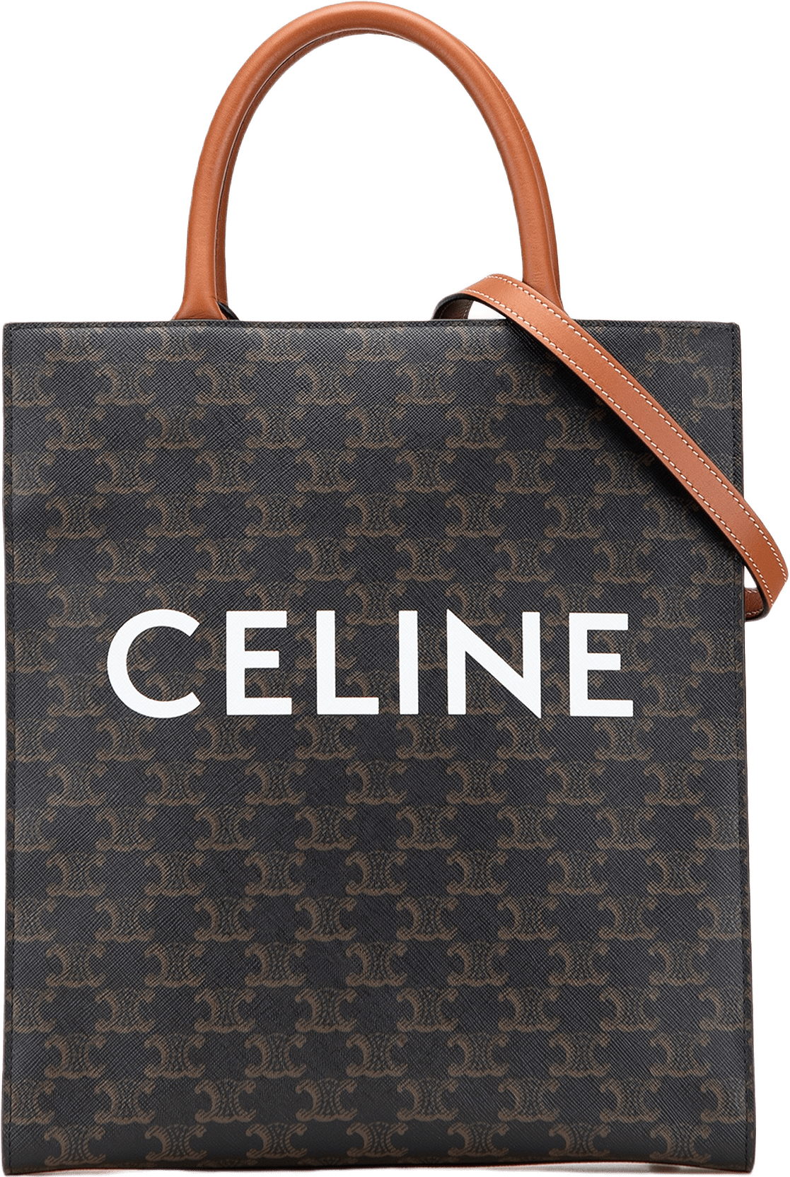 Celine Small Triomphe Coated Canvas Vertical Cabas Tote, från Luxclusif, i färgen dark brown.