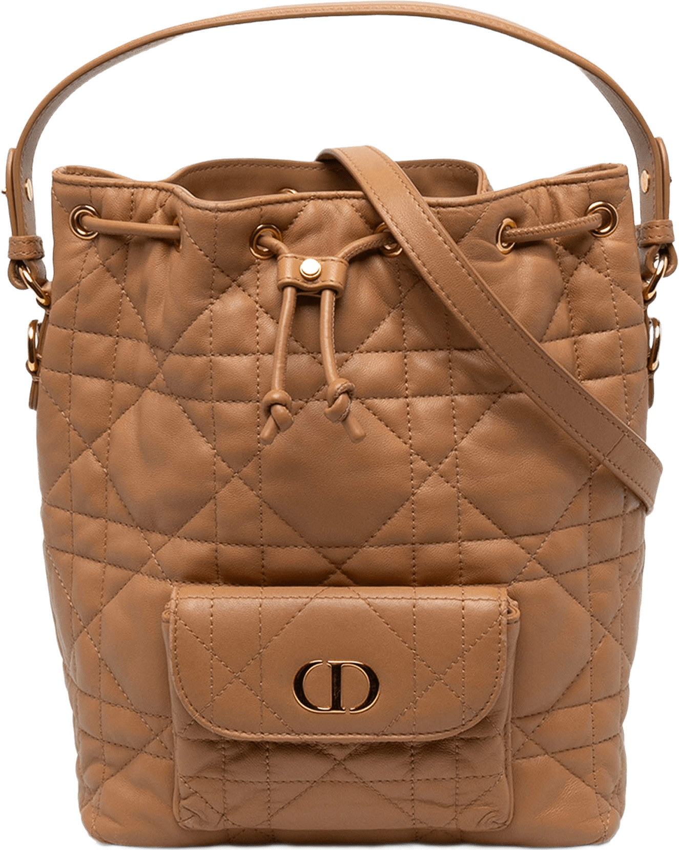 Dior Small Lambskin Macrocannage Caro Bucket Bag, från Luxclusif, i färgen brun.