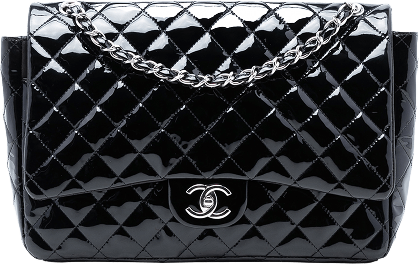 Chanel Maxi Classic Patent Double Flap, från Luxclusif, i färgen black.