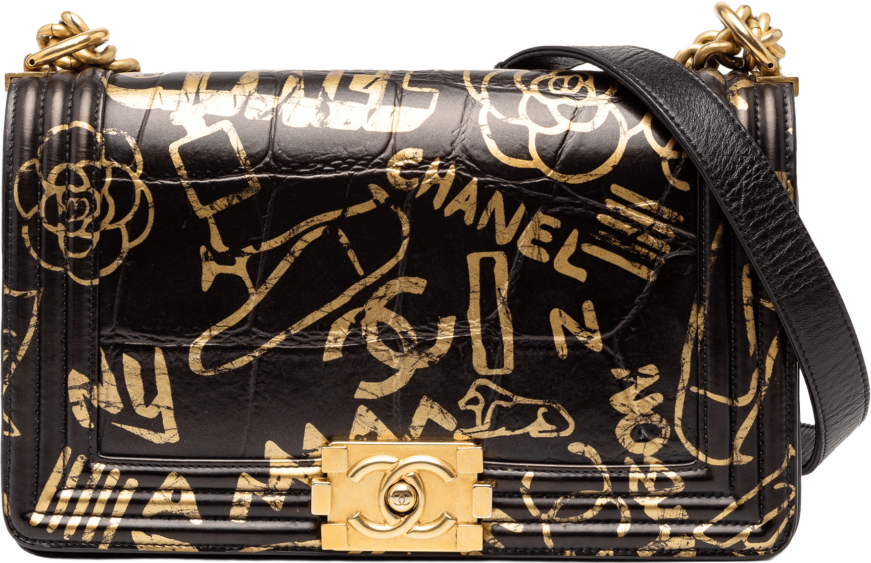 Chanel Medium Croc Embossed Leather Graffiti Cocodile Boy Flap, från Luxclusif, i färgen black.