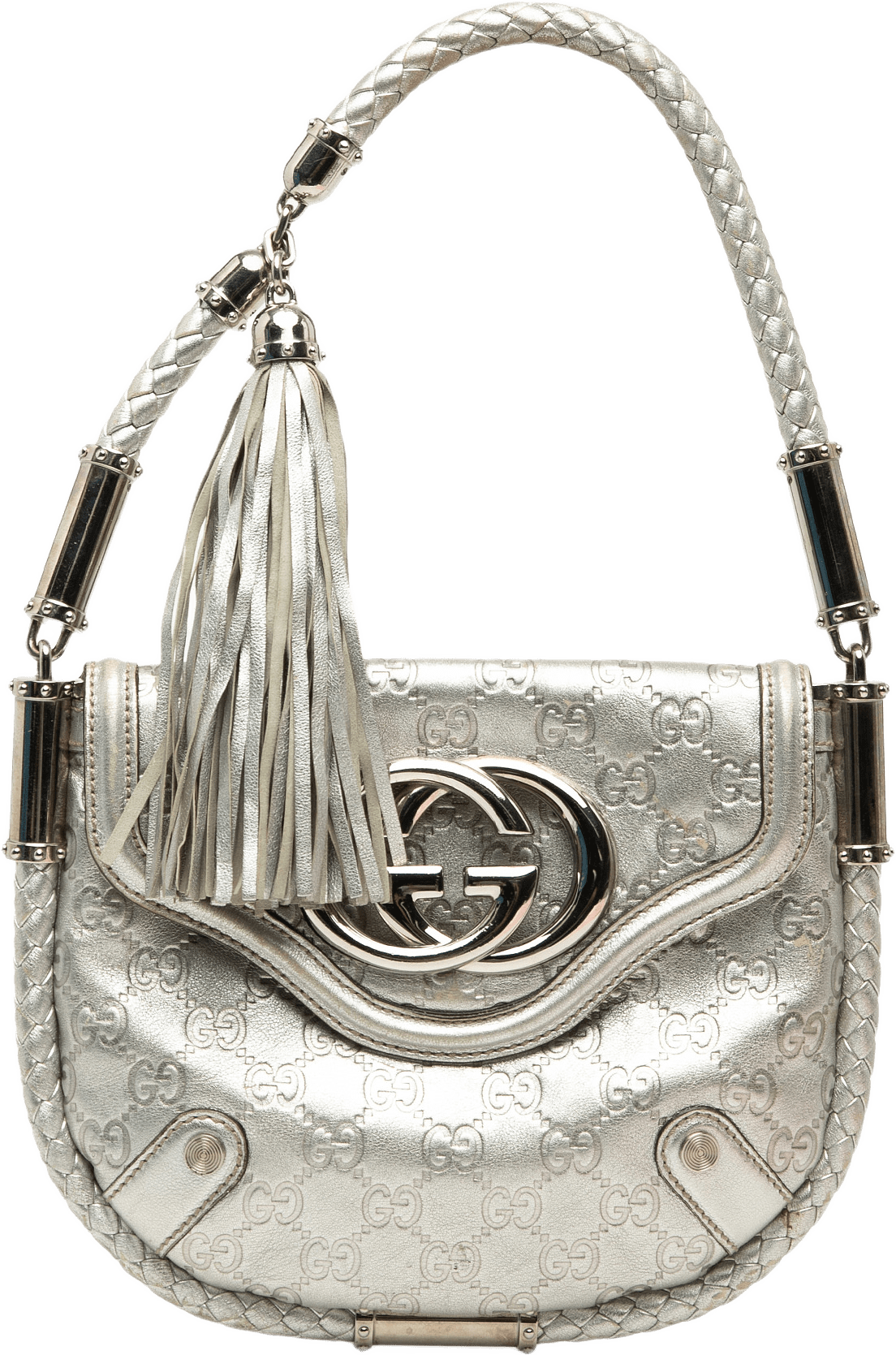 Gucci Medium Metallic Guccissima Britt Tassel Flap Handbag, från Luxclusif, i färgen silver.