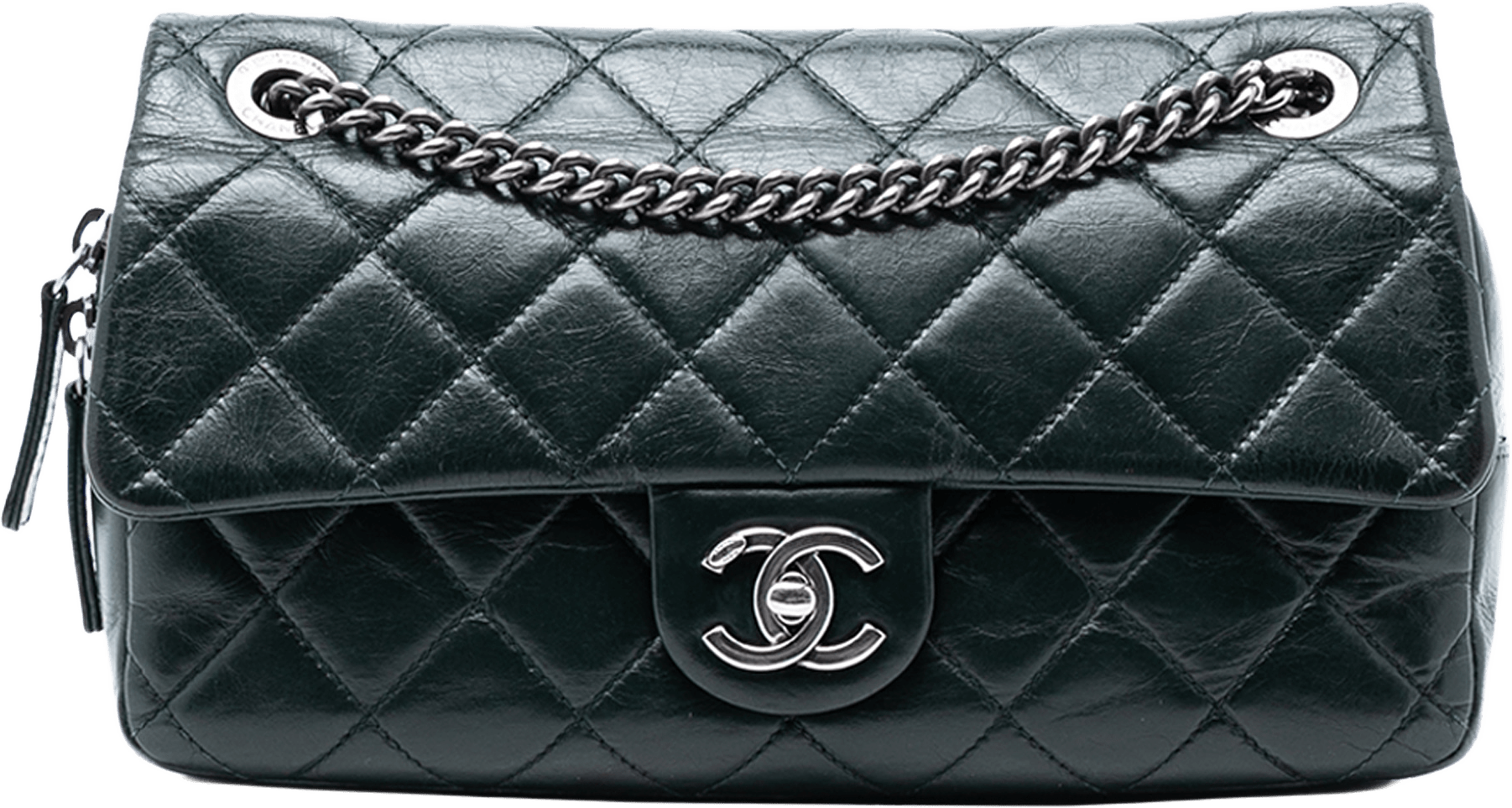 Chanel Medium Glazed Calfskin Duo Color Flap, från Luxclusif, i färgen dark green.