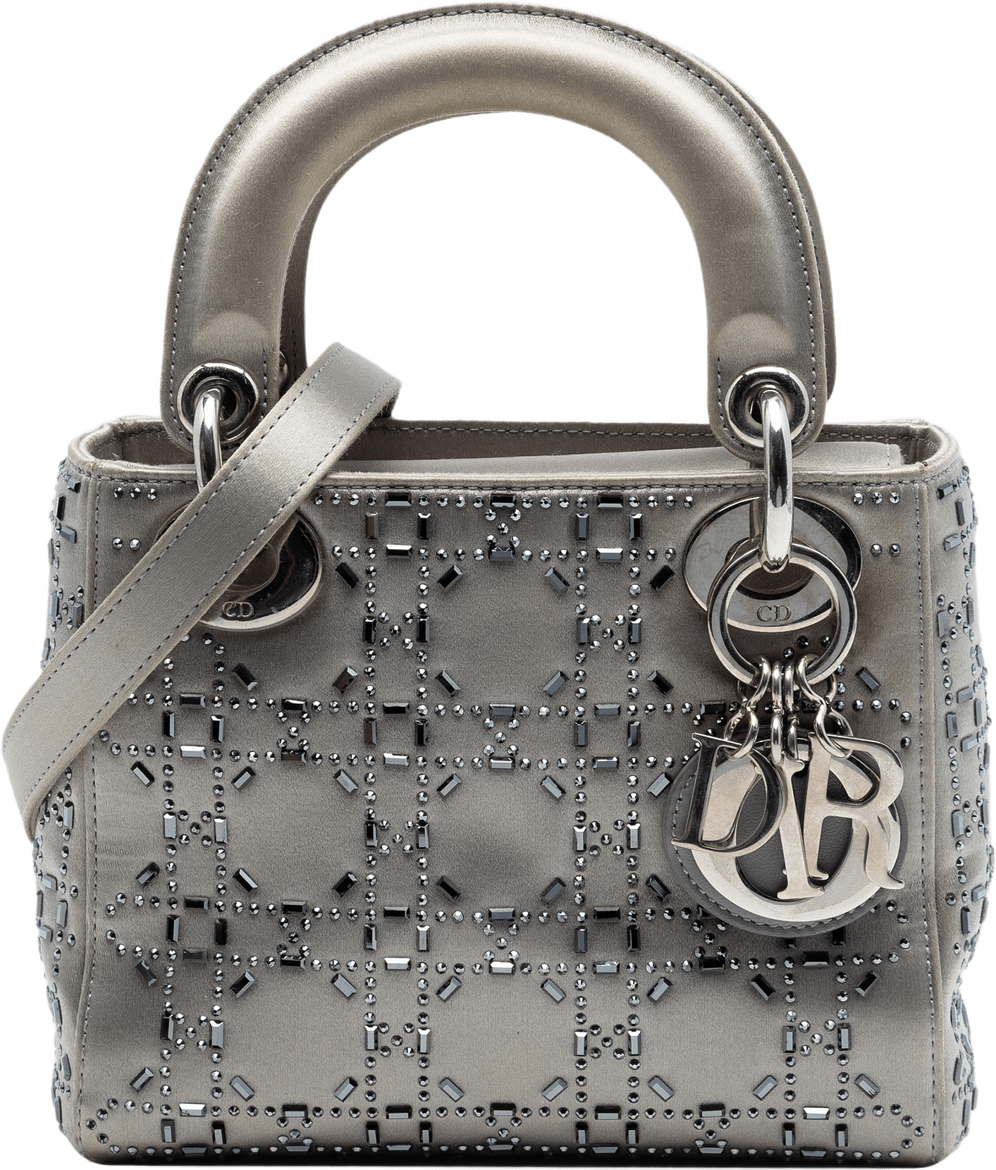 Dior Mini Satin Cannage Crystal Embellished Lady Dior, från Luxclusif, i färgen gray.