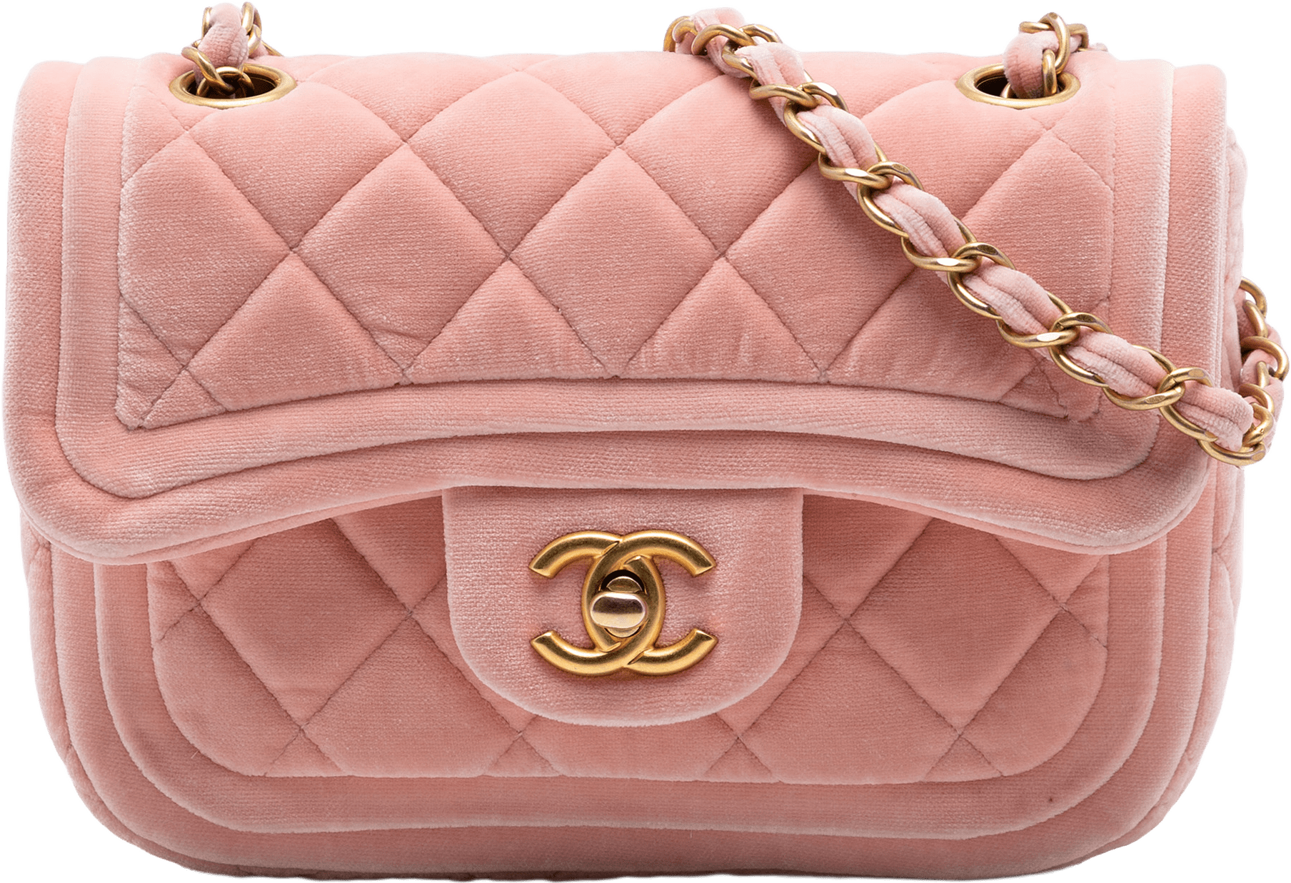 Chanel Mini Quilted Velvet Double Frame Flap, från Luxclusif, i färgen pink.