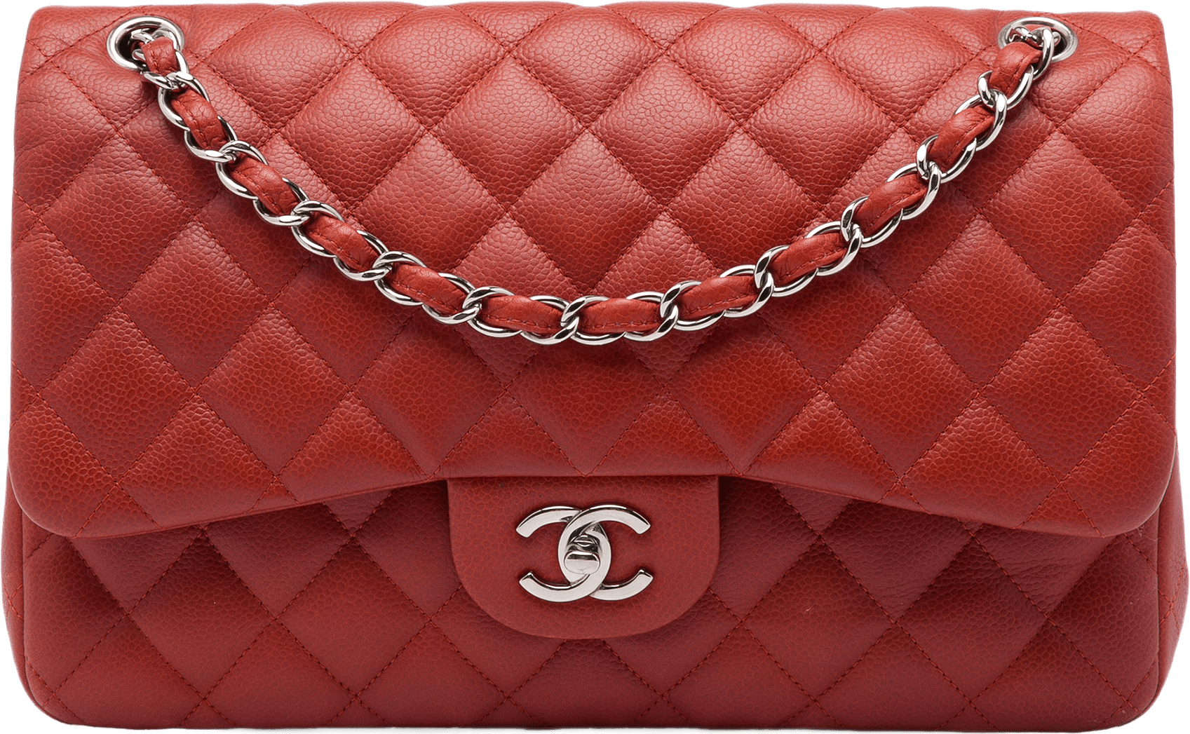 Chanel Jumbo Classic Caviar Double Flap, från Luxclusif, i färgen röd.