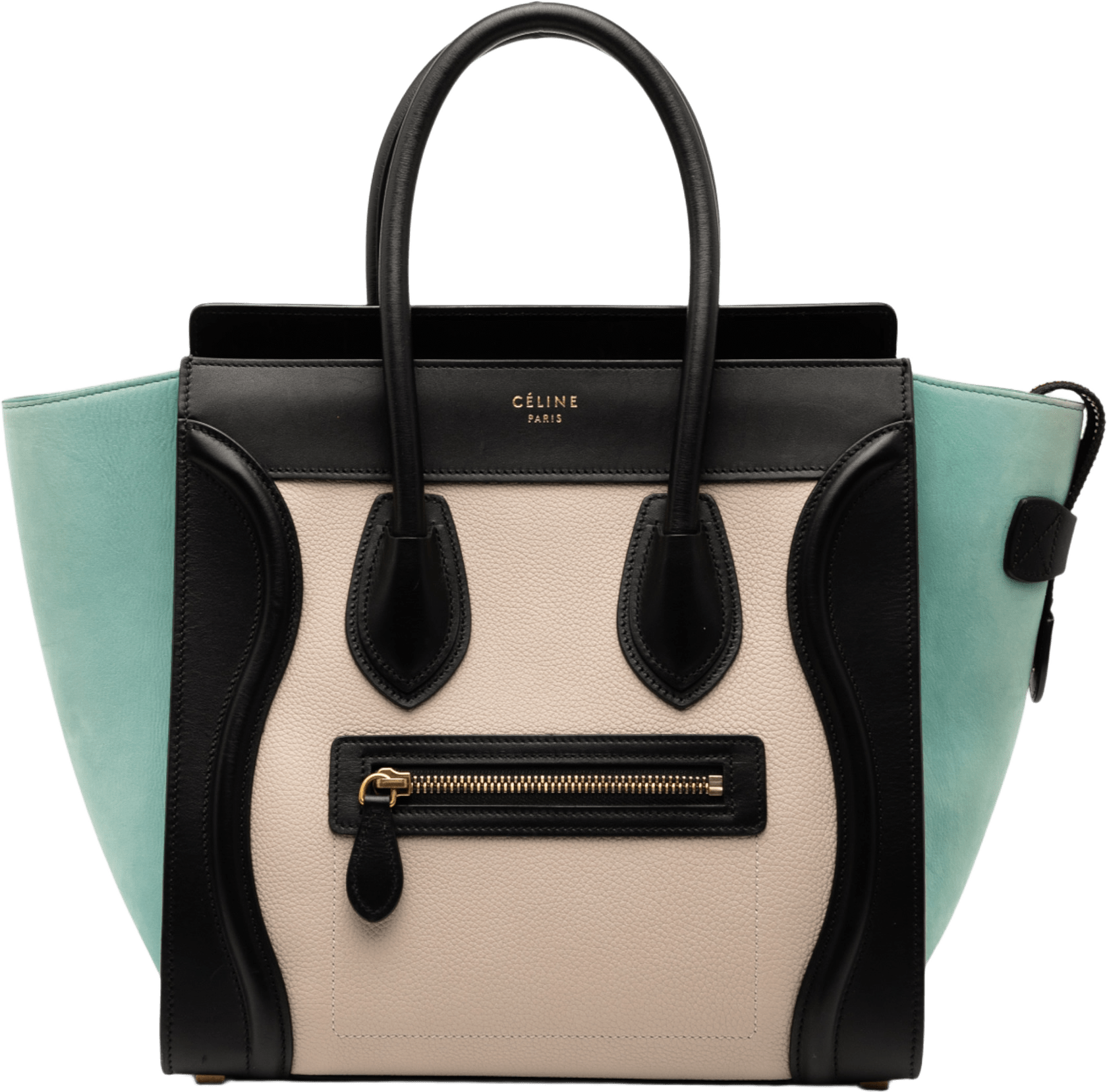 Celine Micro Tricolor Leather Luggage Tote, från Luxclusif, i färgen beige.