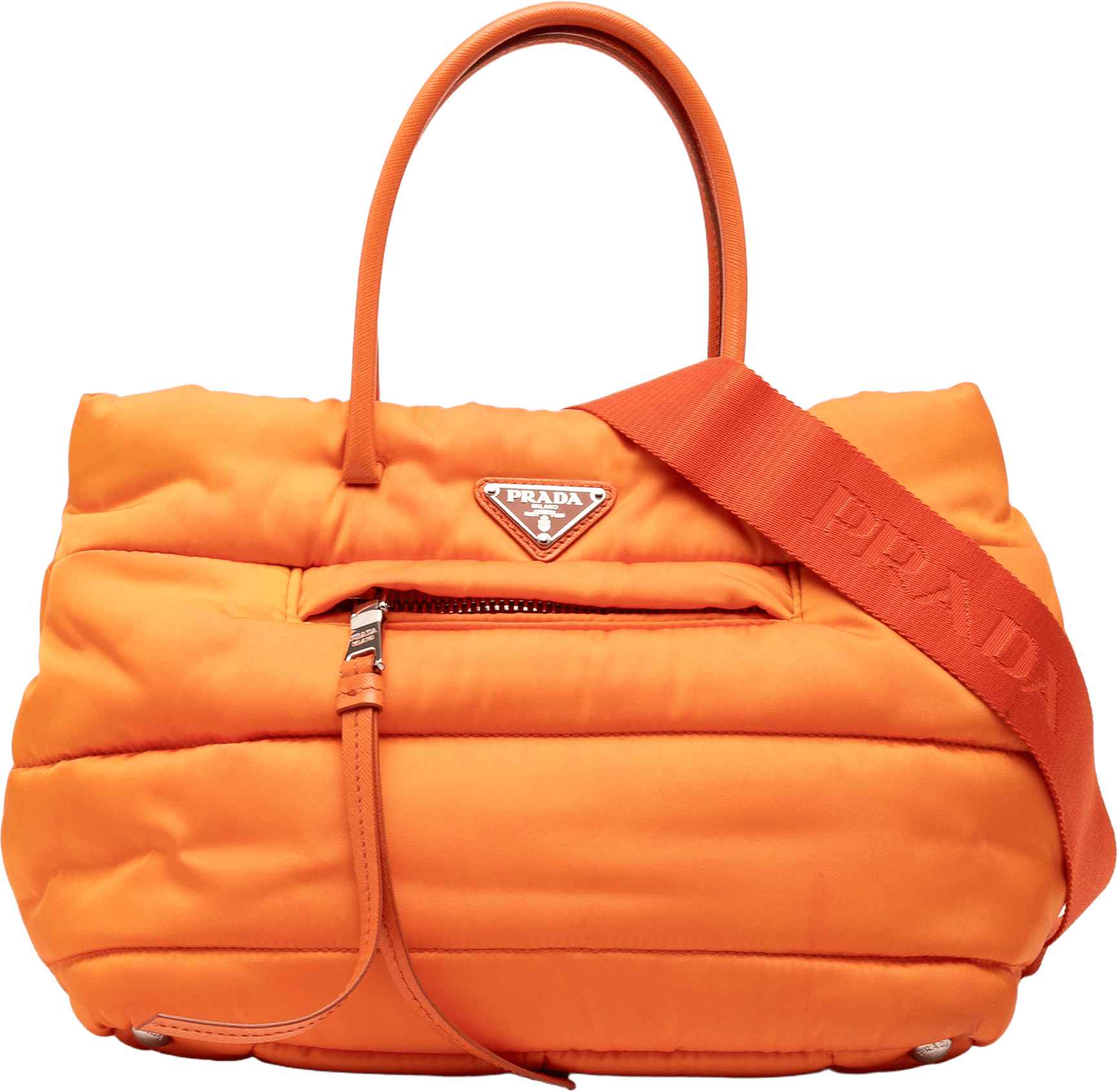 Prada Bomber Tessuto Satchel, från Luxclusif, i färgen orange.