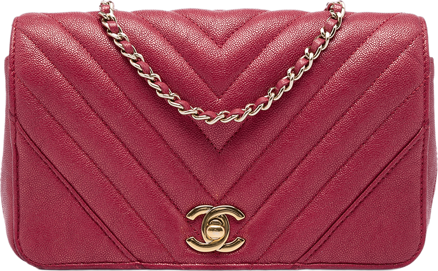 Chanel Small Chevron Iridescent Caviar Statement Flap, från Luxclusif, i färgen rosa.