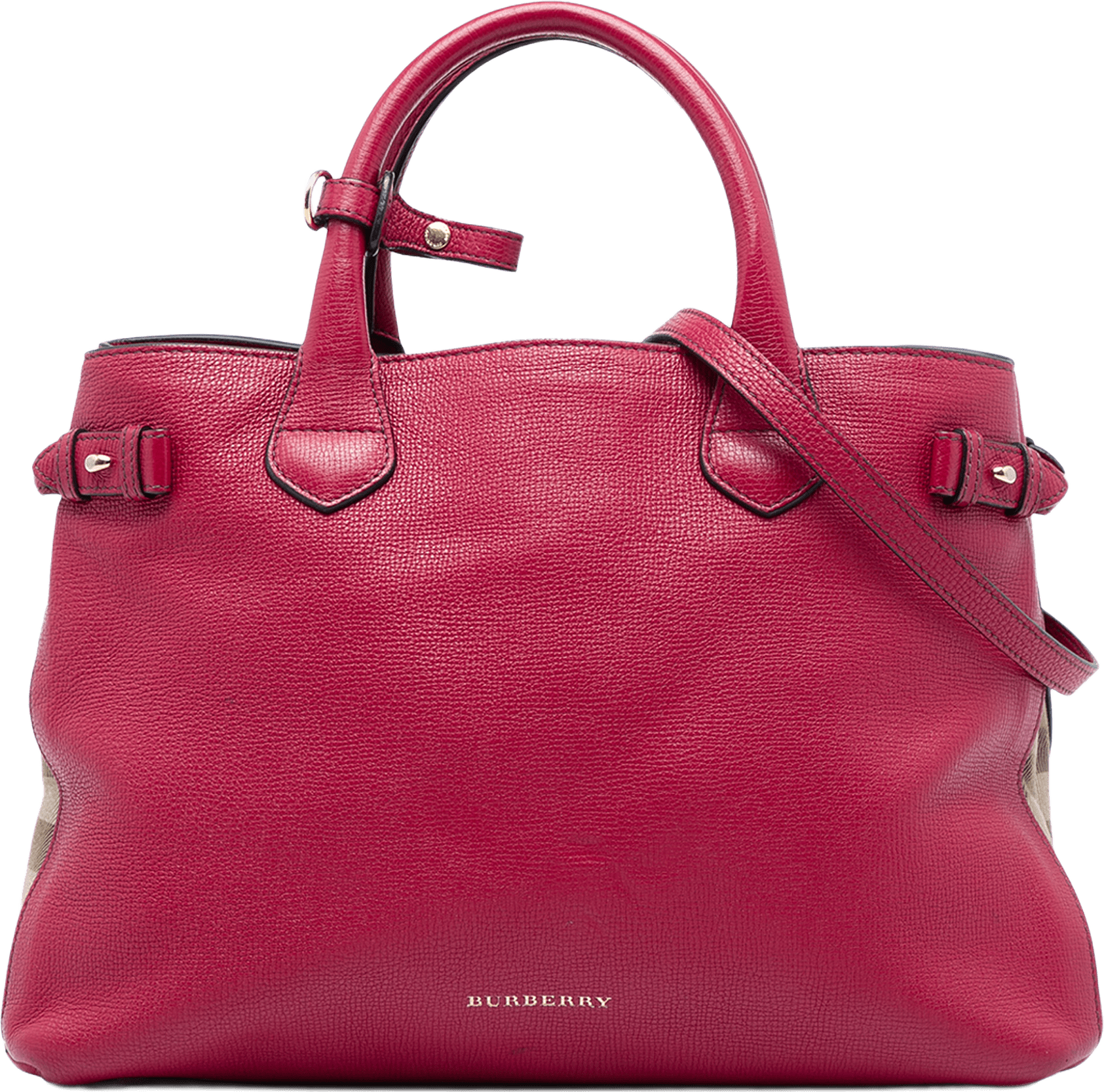 Burberry Medium Leather And House Check Canvas Banner Satchel, från Luxclusif, i färgen röd.