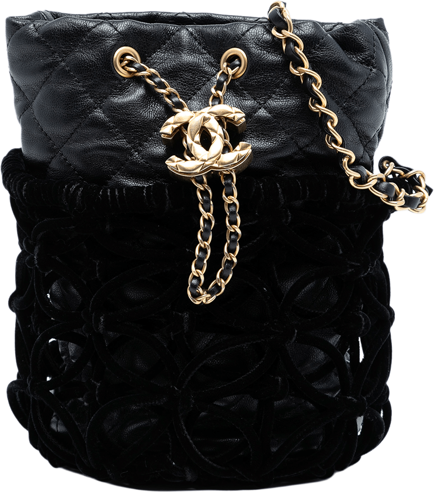 Chanel Braided Velvet Goatskin Drawstring Bucket, från Luxclusif, i färgen black.