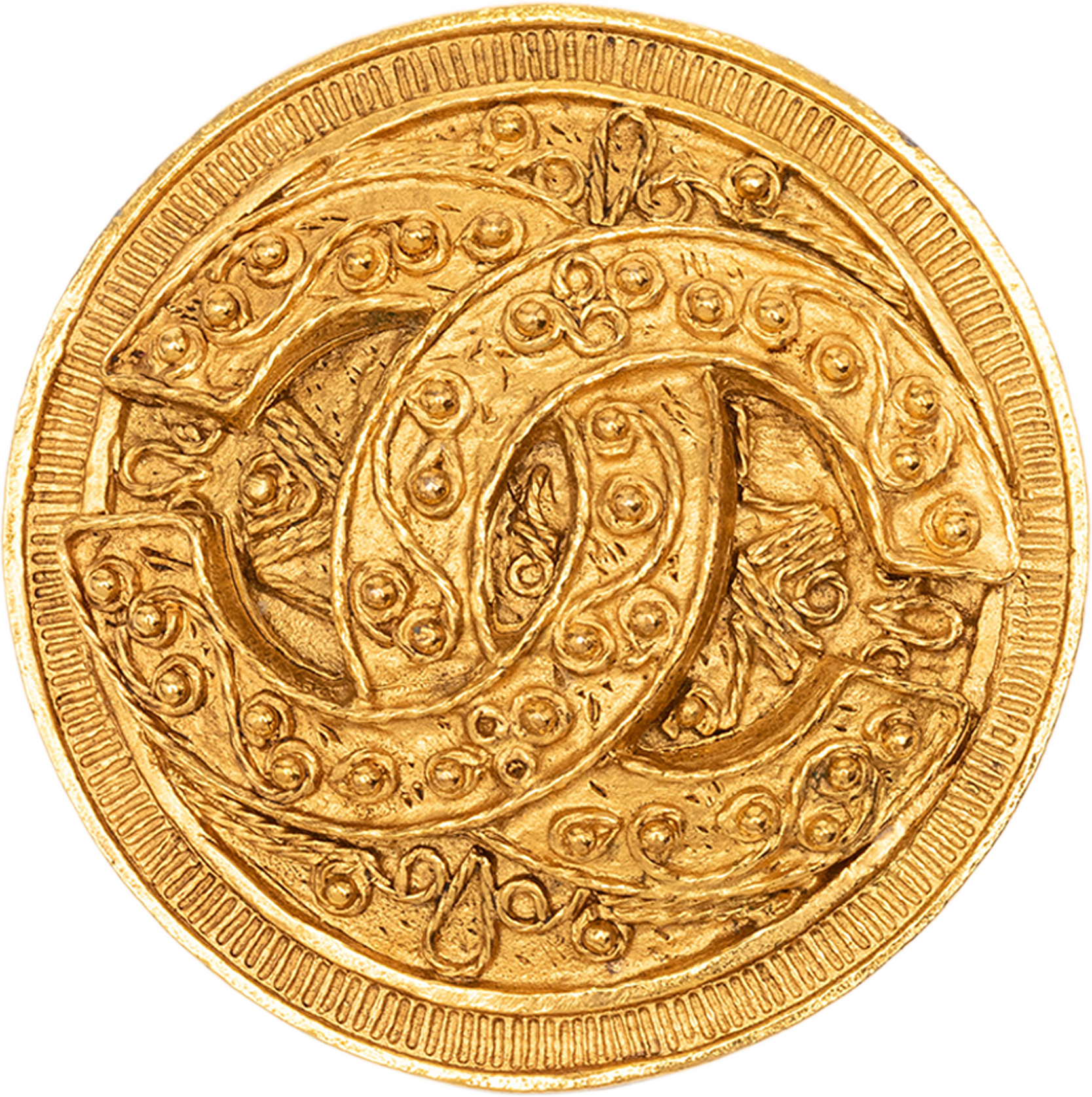 Chanel Cc Gold Plated Filigree Round Brooch, från Luxclusif, i färgen gold.