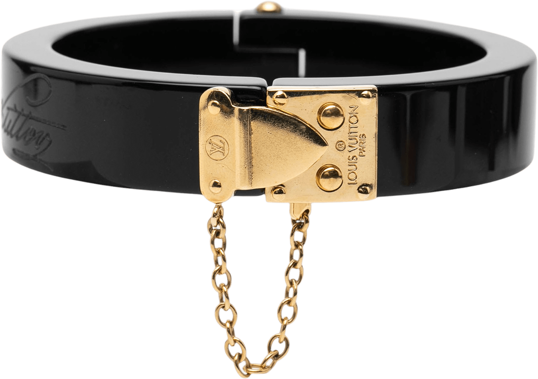 Louis Vuitton Resin Lock Me Bangle, från Luxclusif, i färgen black.