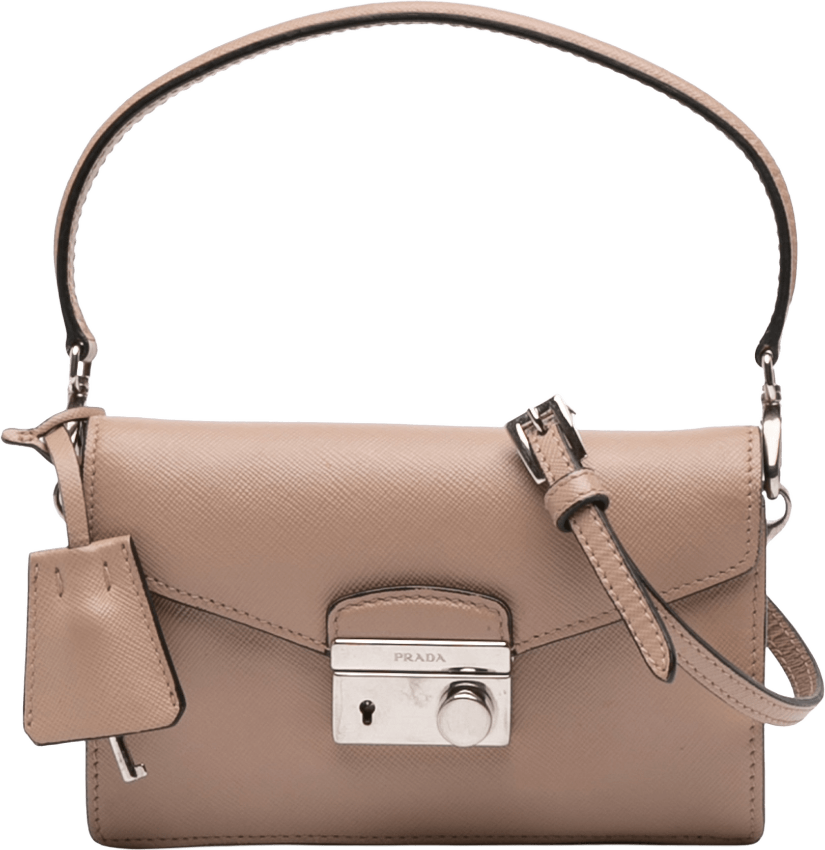 Prada Mini Saffiano Lux Sound Lock Satchel, från Luxclusif, i färgen beige.