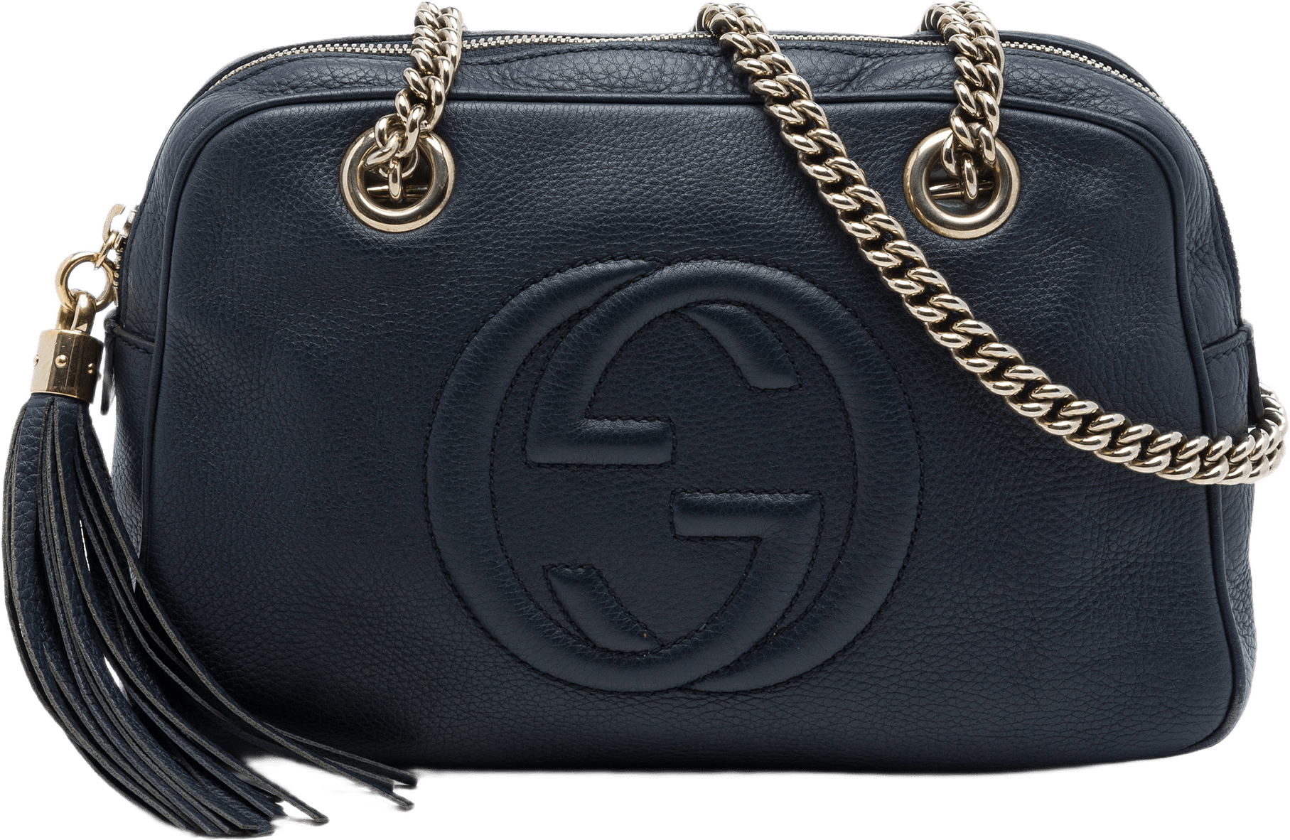 Gucci Calfskin Soho Chain Zip Shoulder Bag, från Luxclusif, i färgen blå.