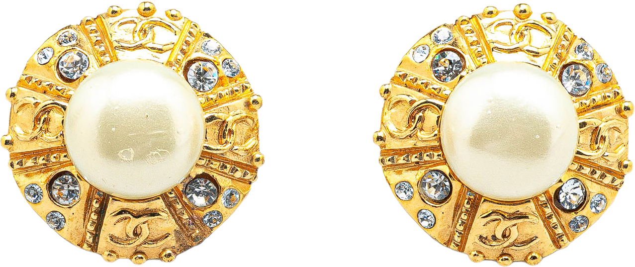 Chanel Gold Plated Round Faux Pearl Rhinestones Clip On Earrings, från Luxclusif, i färgen gold.