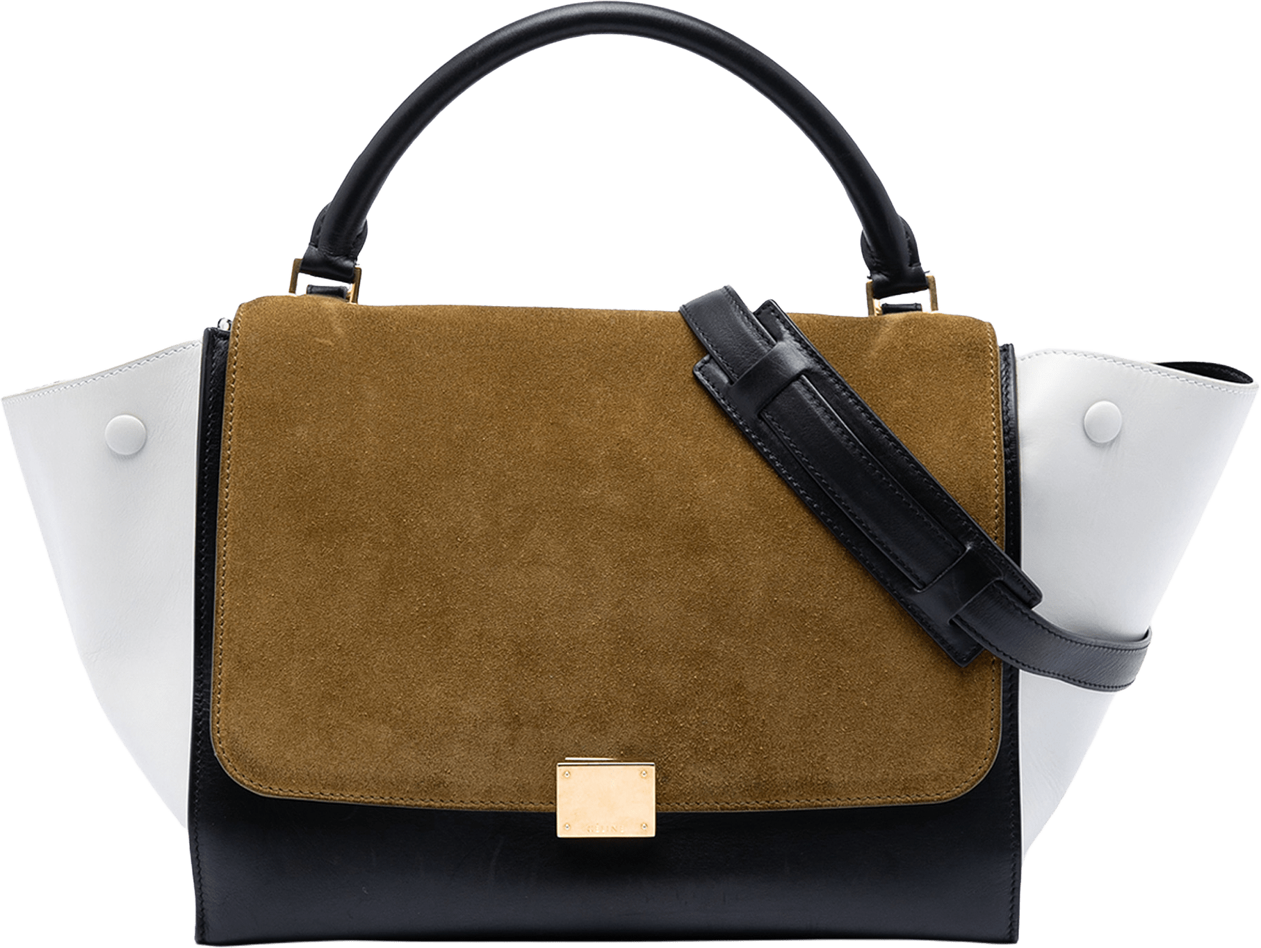 Celine Medium Tricolor Calfskin And Suede Trapeze Satchel, från Luxclusif, i färgen black.