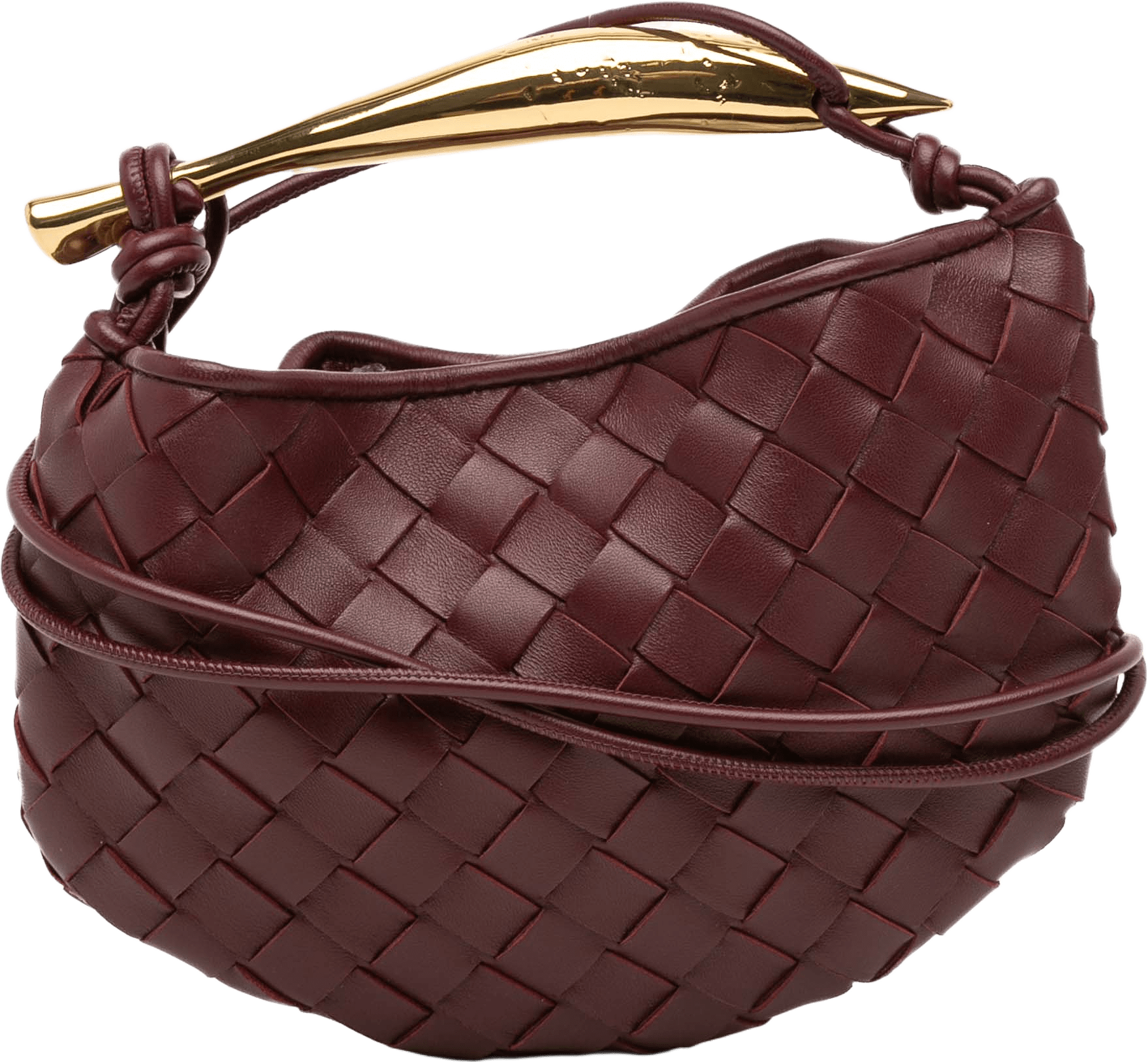 Bottega Veneta Baby Lambskin Intrecciato Sardine, från Luxclusif, i färgen bordeaux.