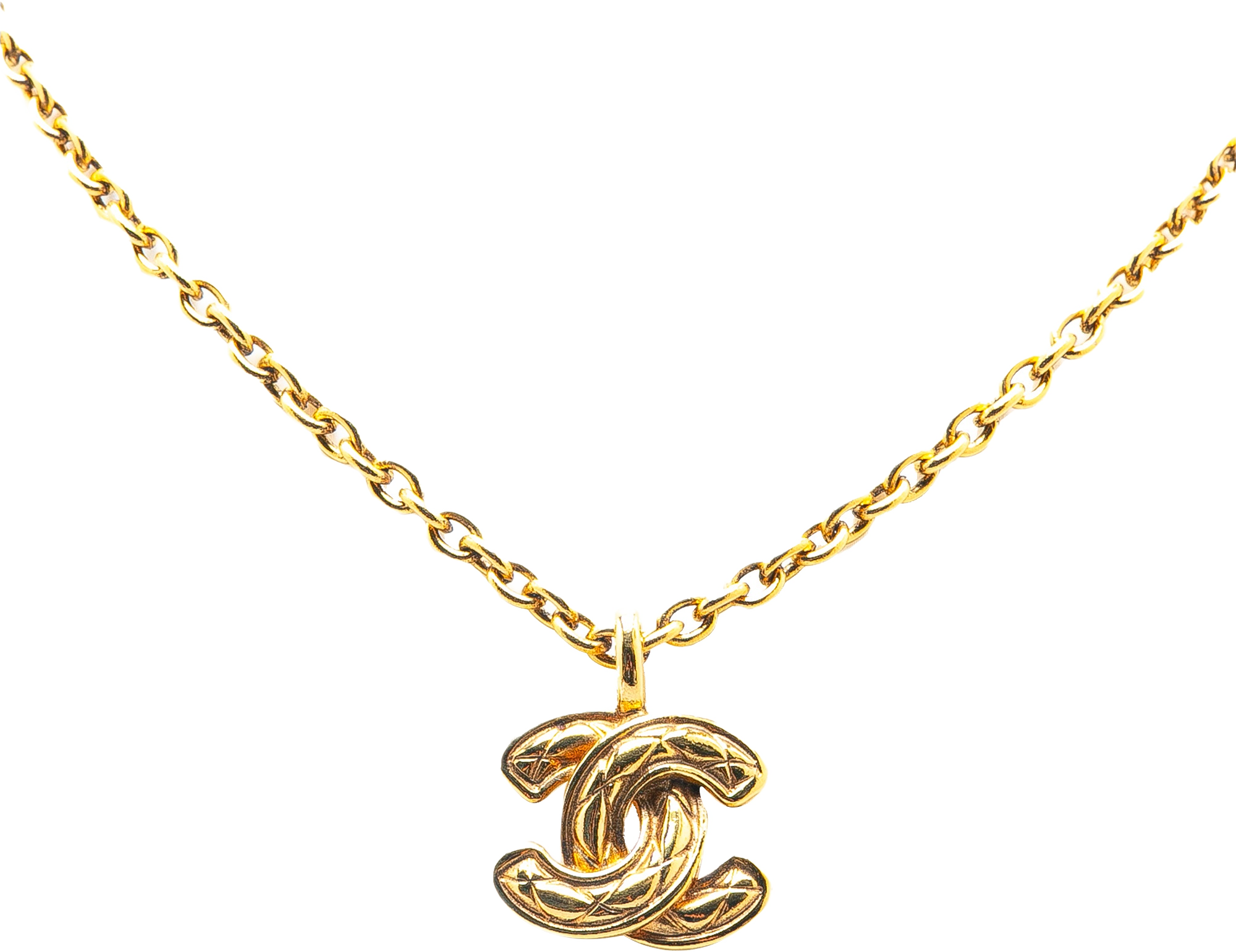 Chanel Gold Plated Quilted Cc Pendant Necklace