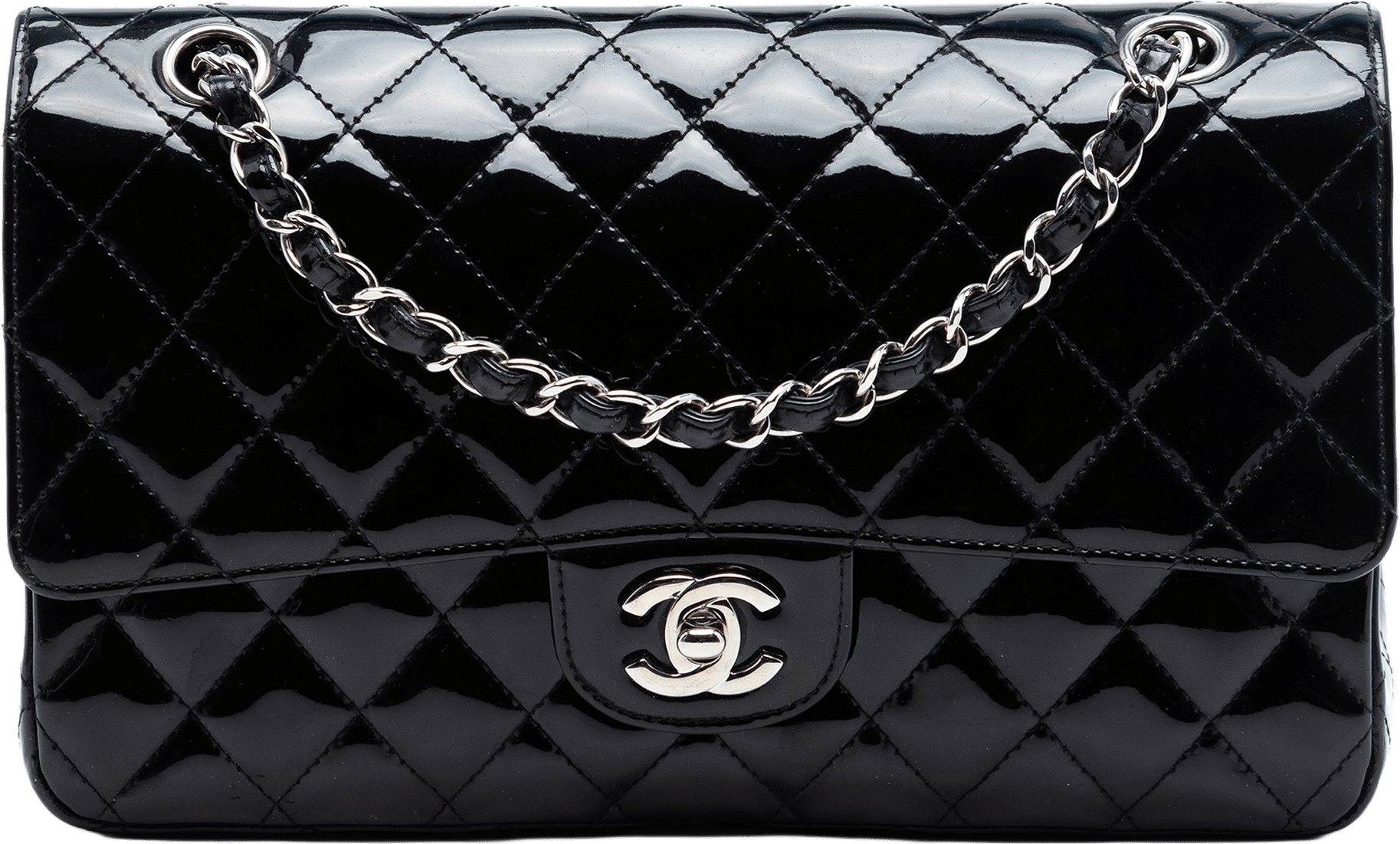 Chanel Medium Classic Patent Double Flap, från Luxclusif, i färgen black.