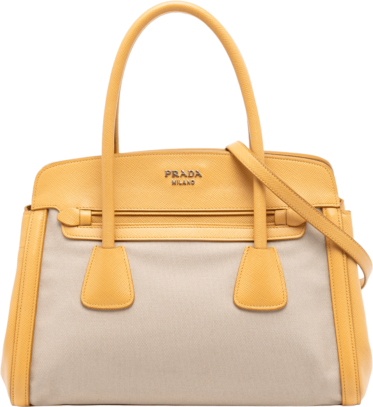Prada Saffiano Cuir Trimmed Canapa Satchel, från Luxclusif, i färgen beige.