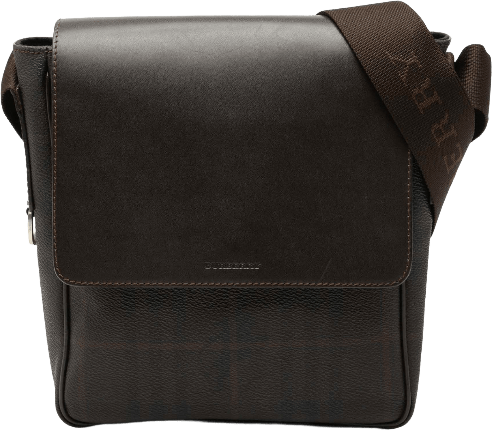 Burberry Smoke Check Coated Canvas And Leather Crossbody, från Luxclusif, i färgen dark brown.