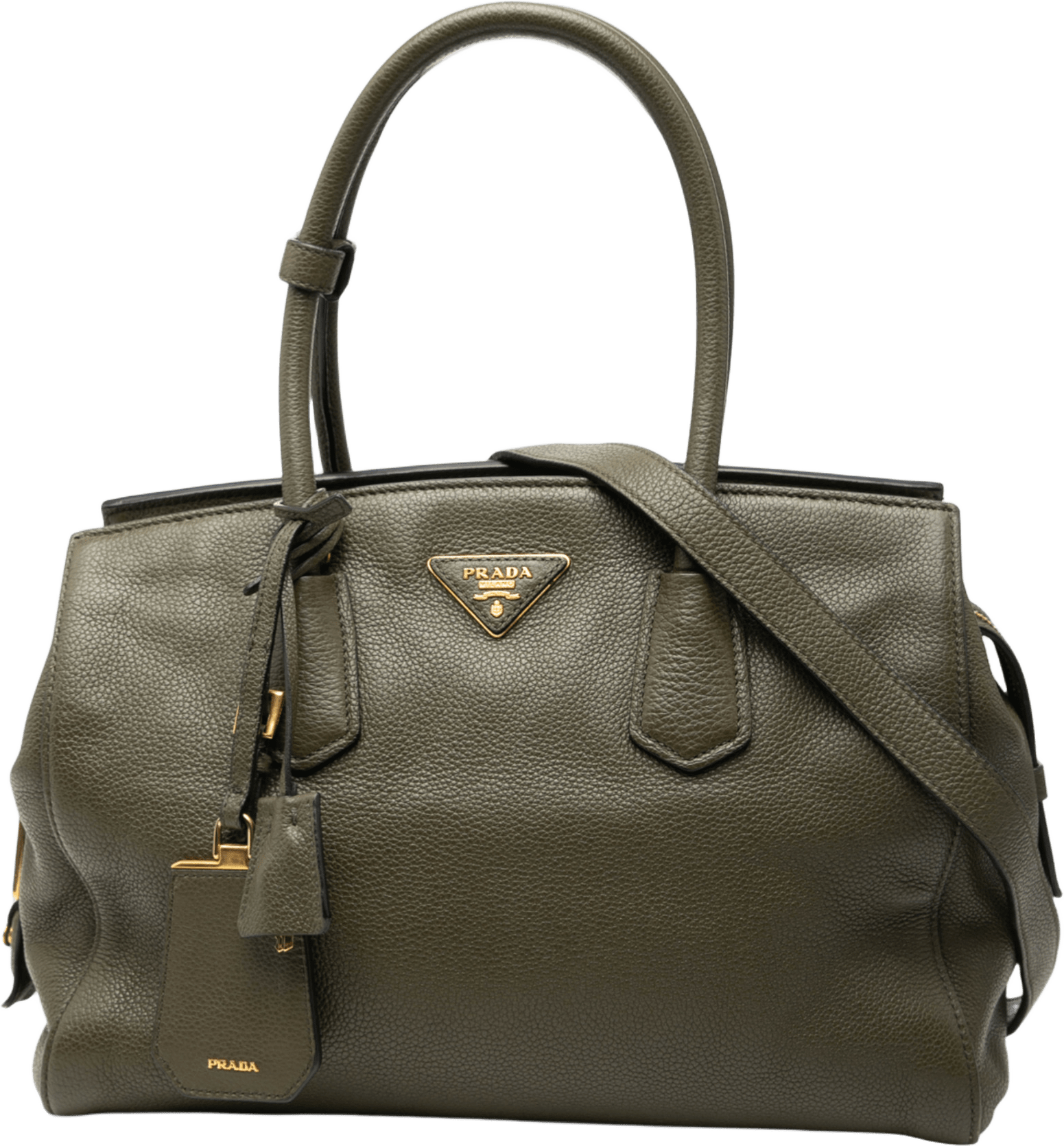 Prada Vitello Daino Zip Top Convertible Tote, från Luxclusif, i färgen olive green.