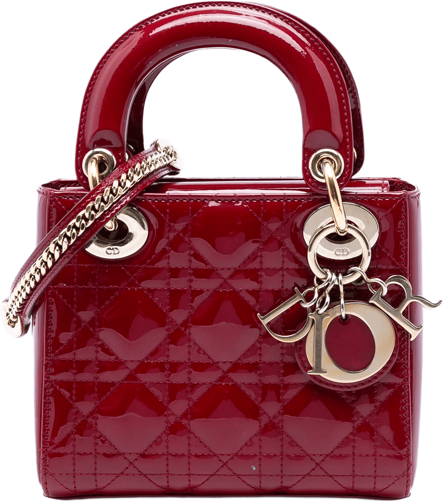 Dior Mini Patent Cannage Lady Dior, från Luxclusif, i färgen dark red.