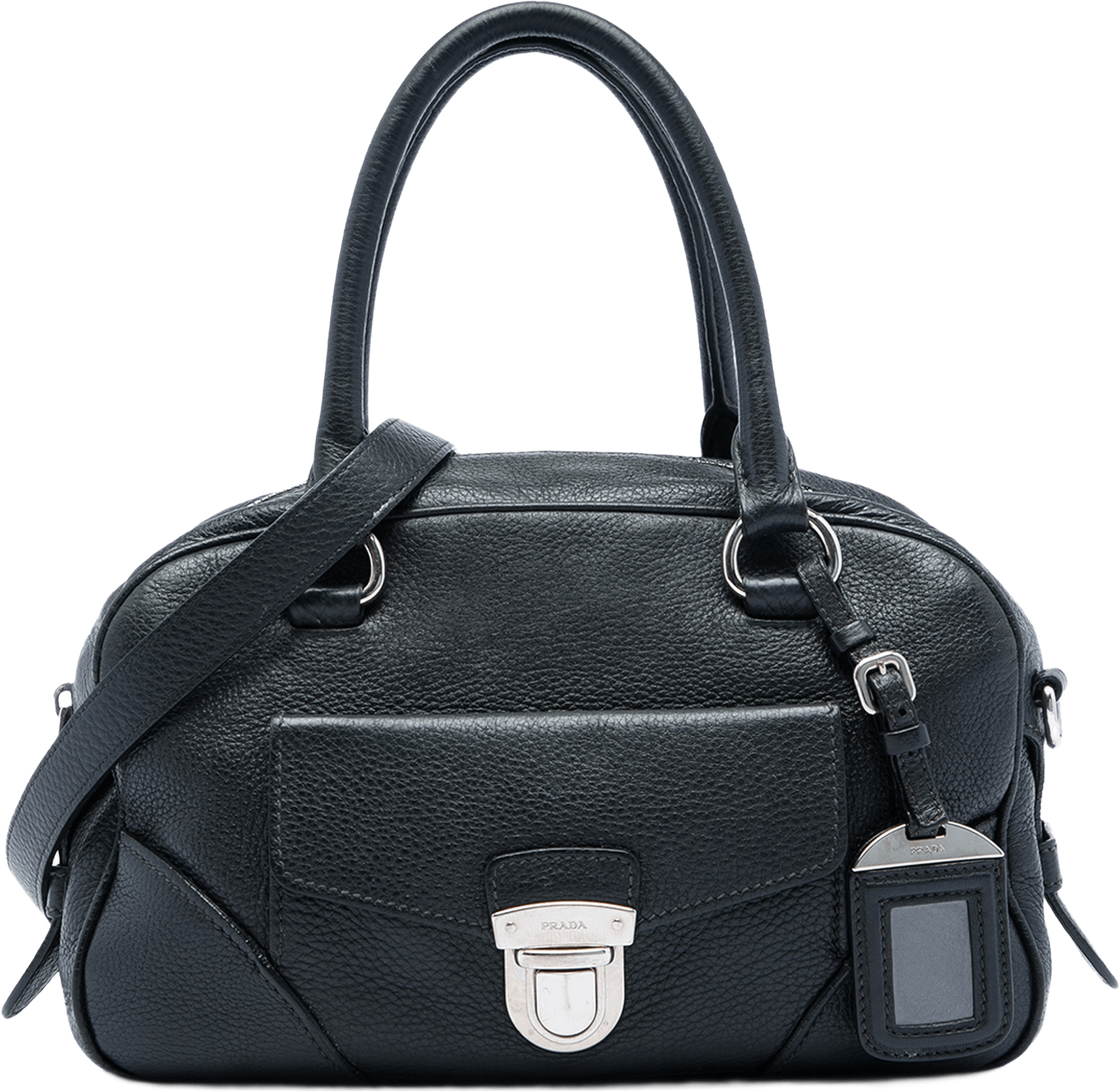 Prada Vitello Daino Front Pocket Boston Bag, från Luxclusif, i färgen svart.