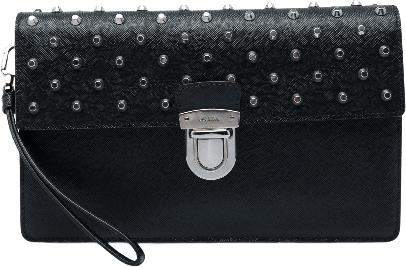 Prada Studded Saffiano Push Lock Wristlet Clutch, från Luxclusif, i färgen svart.