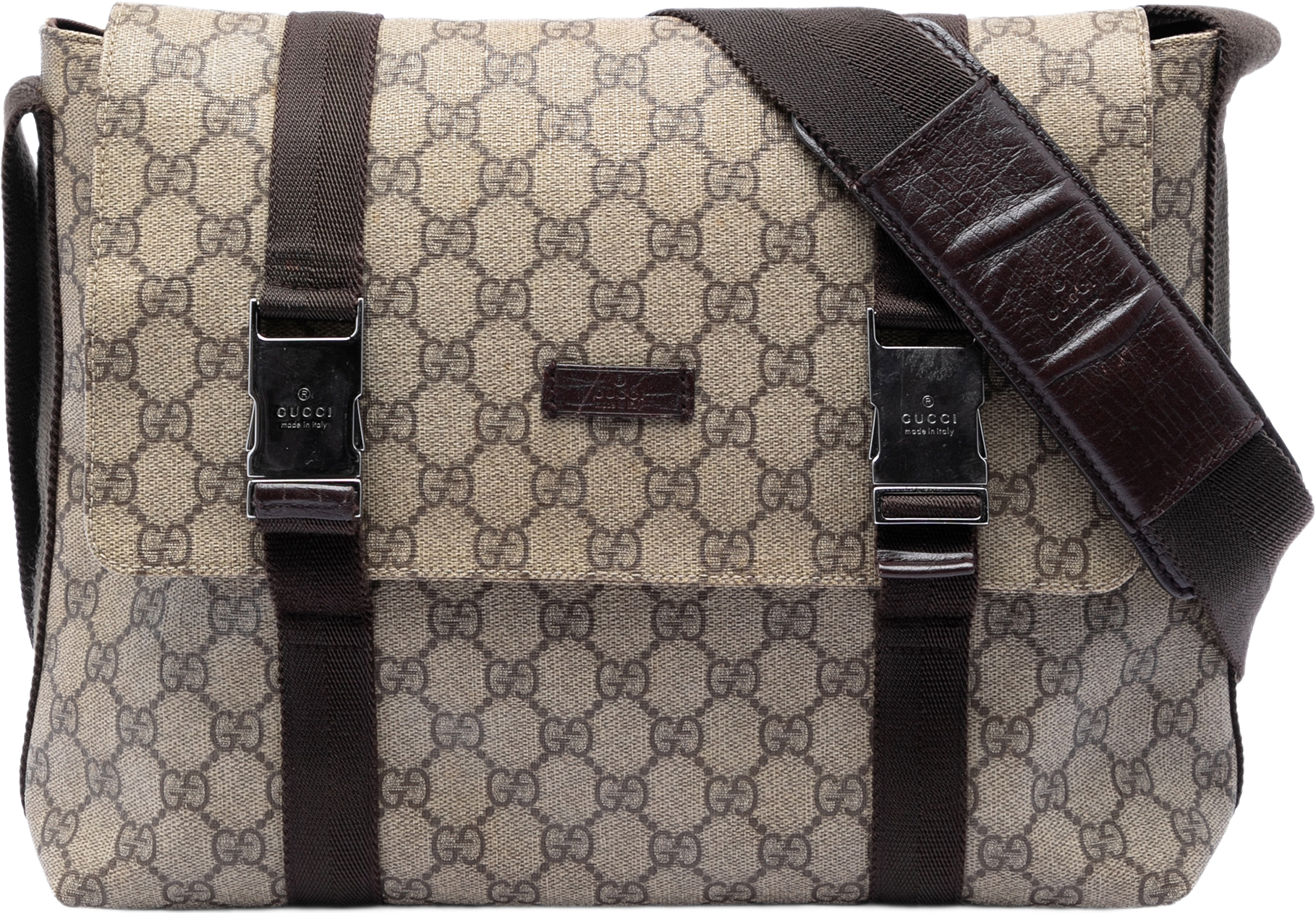 Gucci Large Gg Supreme Double Buckle Flap Messenger Bag, från Luxclusif, i färgen beige.