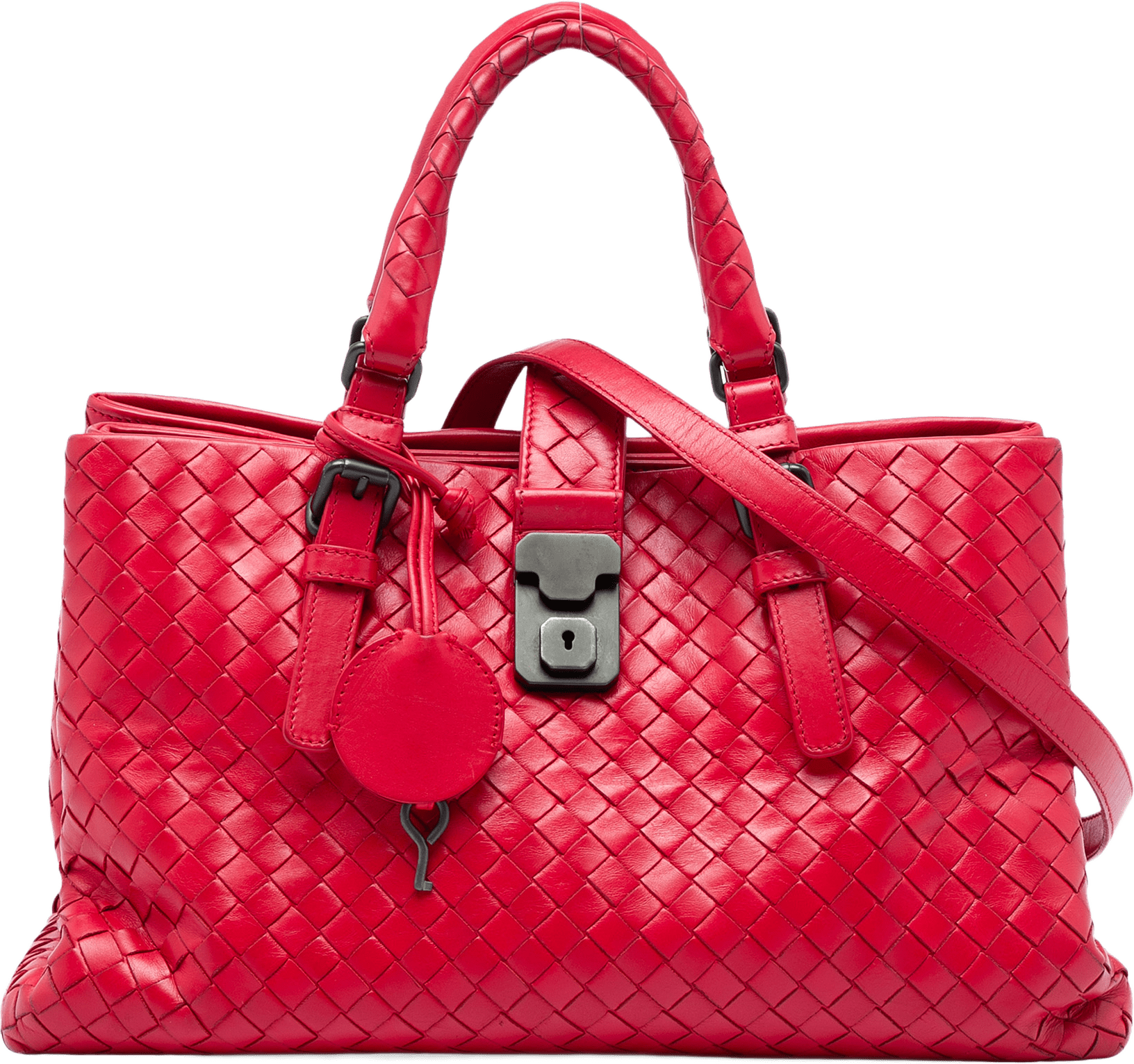 Bottega Veneta Small Nappa Intrecciato Roma Satchel, från Luxclusif, i färgen röd.
