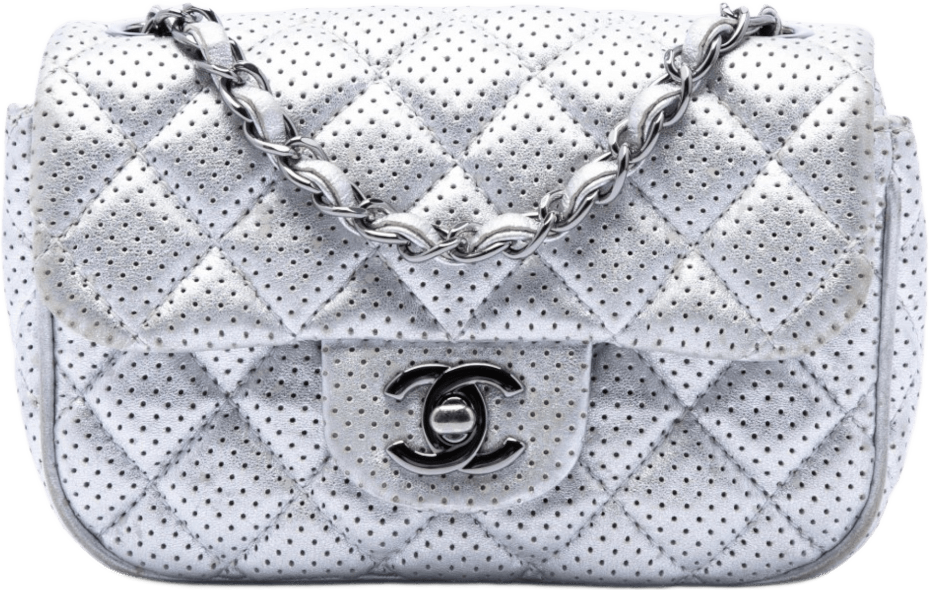 Chanel Mini Square Classic Perforated Lambskin Single Flap, från Luxclusif, i färgen silver.