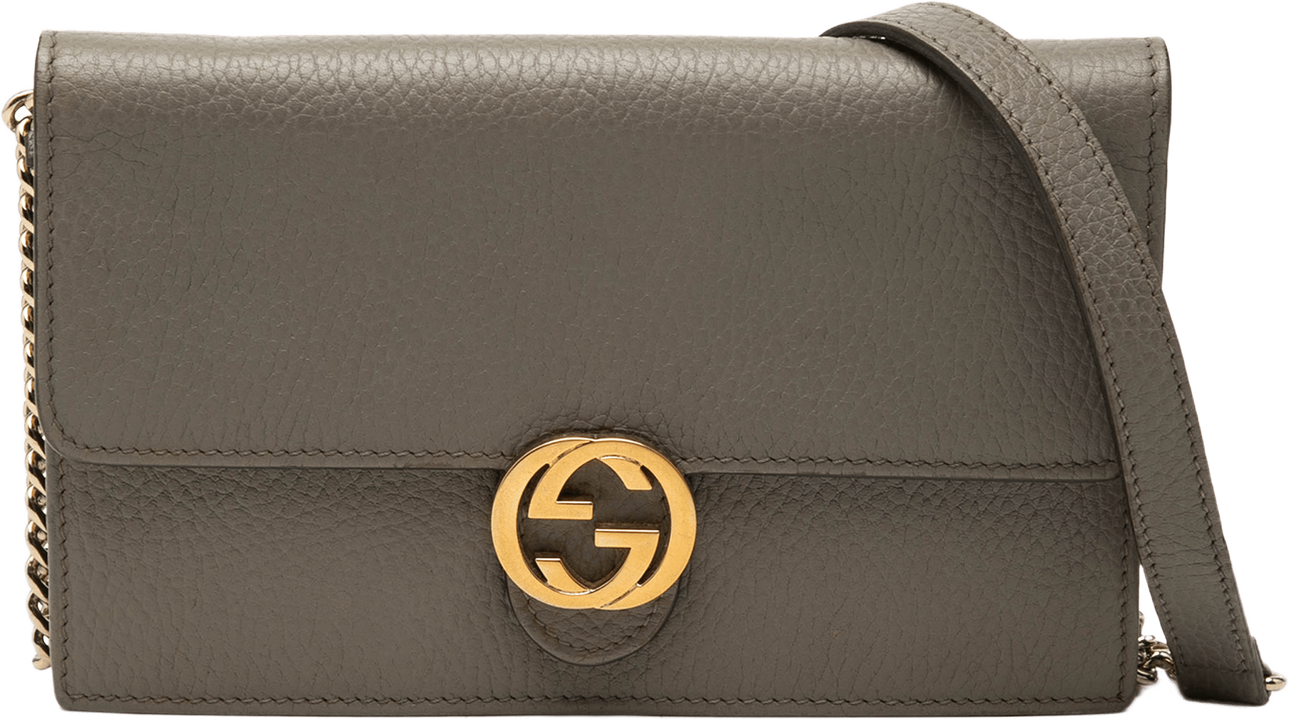 Gucci Dollar Calfskin Interlocking G Wallet On Chain, från Luxclusif, i färgen taupe.