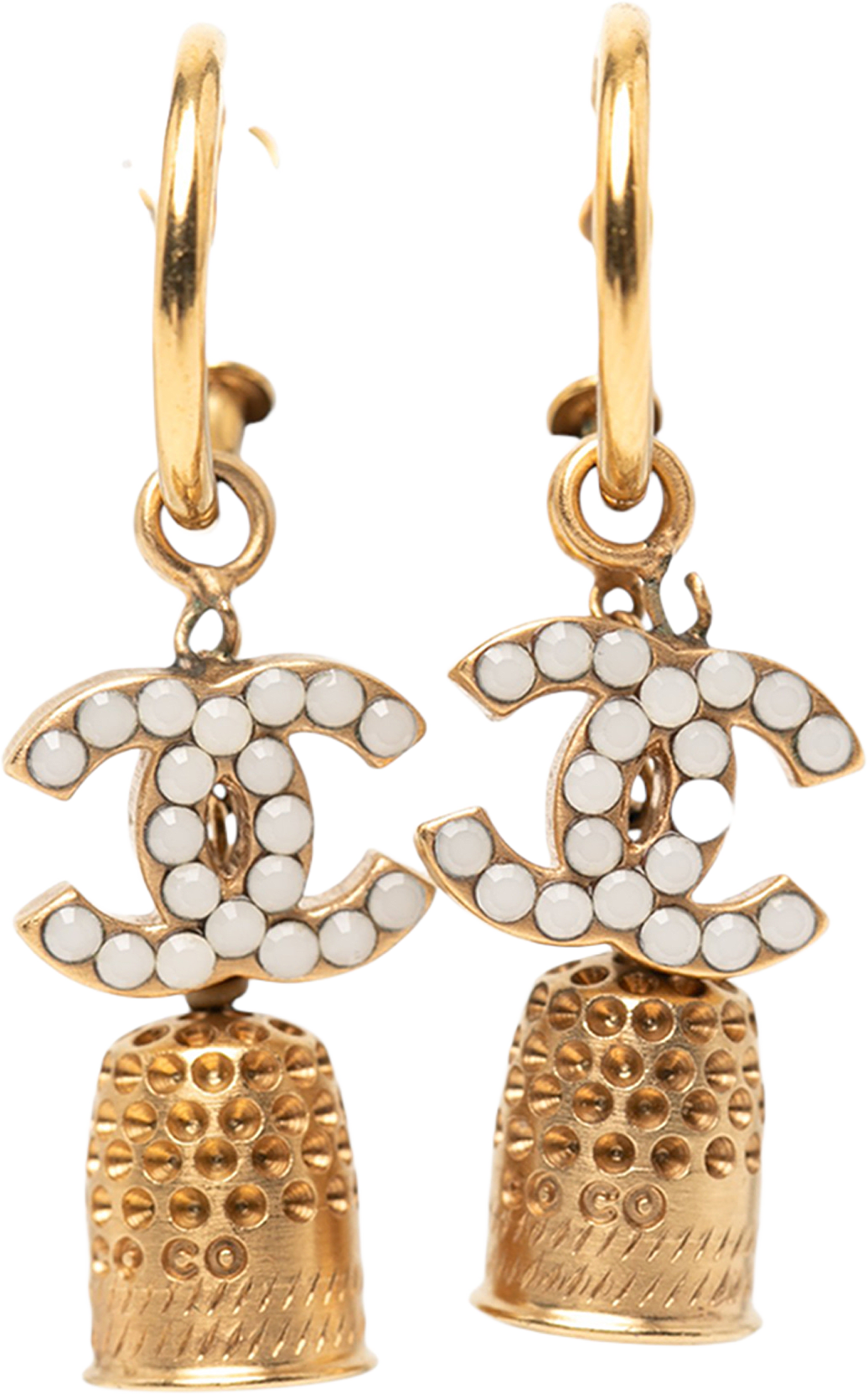Chanel Gold Plated Enamel Cc Bell Drop Push Back Earrings, från Luxclusif, i färgen gold.