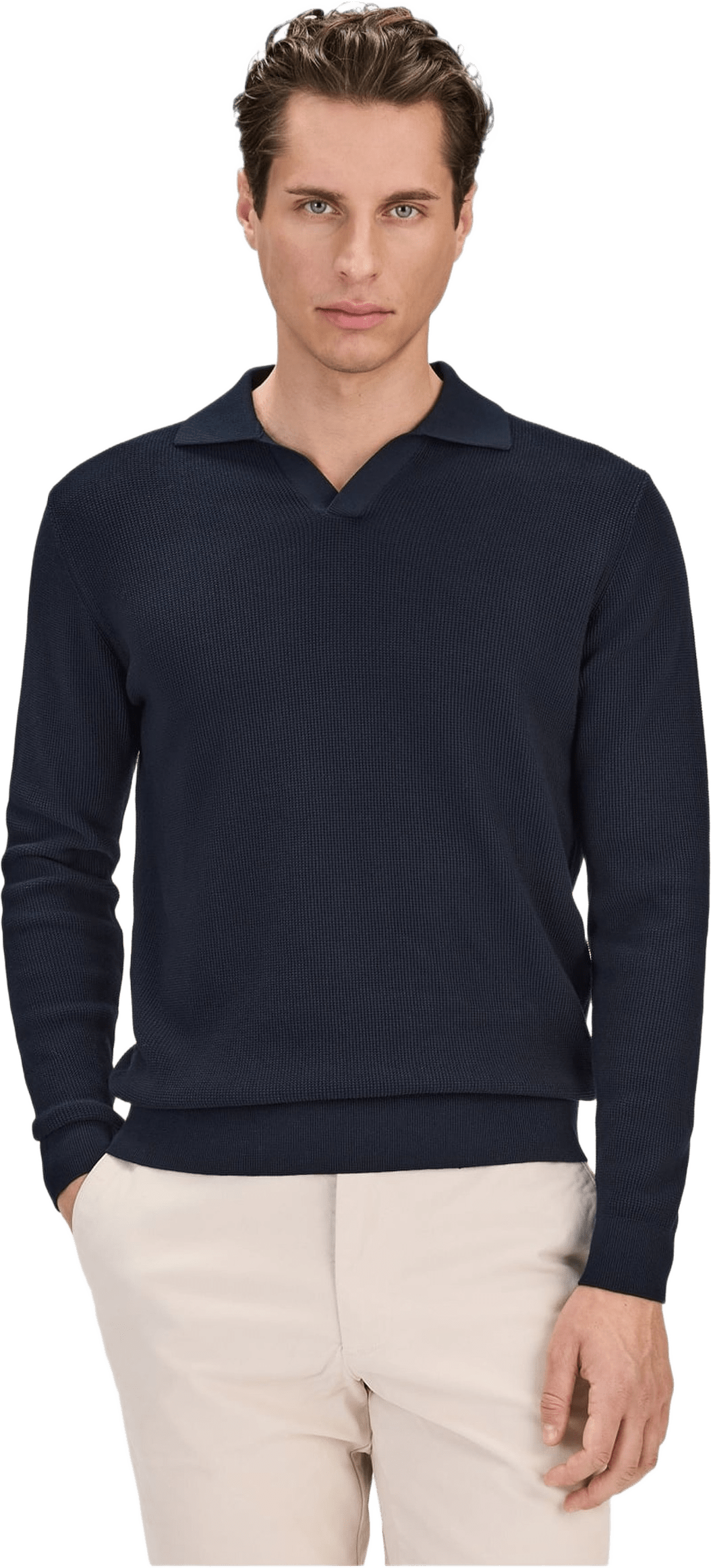 Cotton Texture Knitted L/s Polo Sweater (pavel), från John Henric, i färgen navy blue.