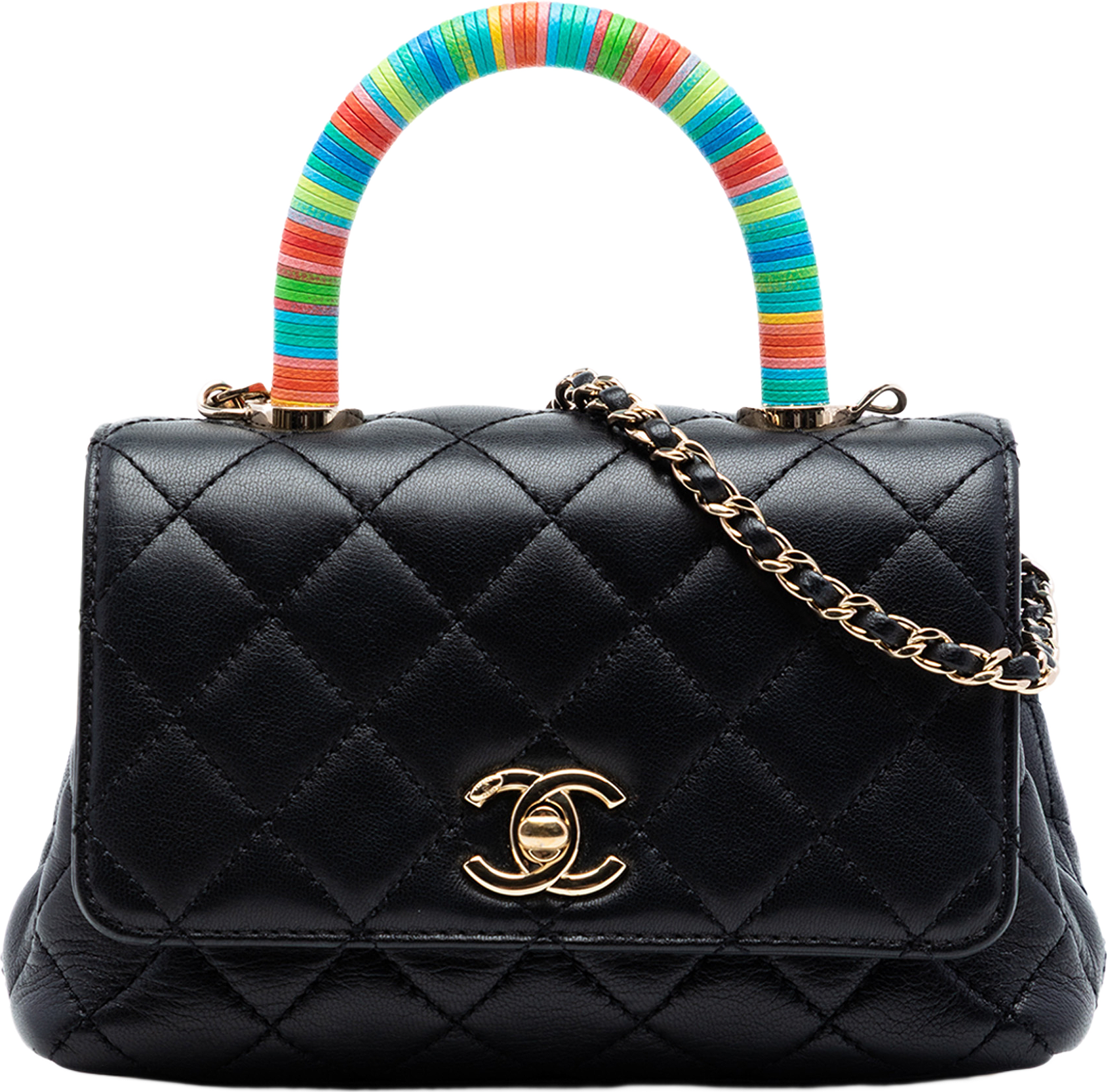 Chanel Extra Mini Quilted Lambskin Rainbow Coco Top Handle Bag, från Luxclusif, i färgen black.