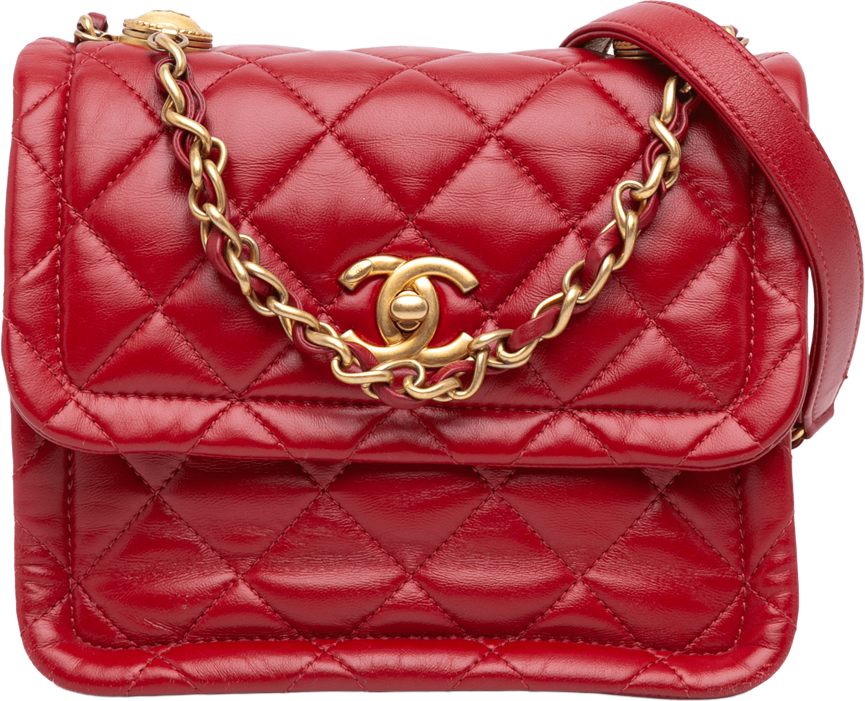 Chanel Mini Quilted Lambskin Soft Square Flap, från Luxclusif, i färgen red.